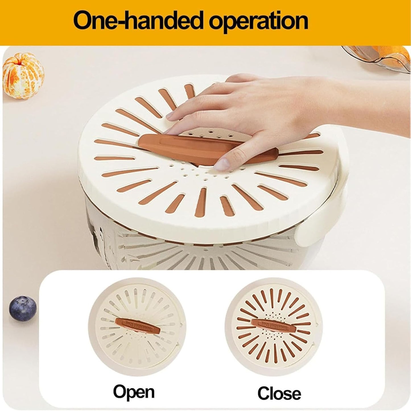 Fruit Vegetable Draining Bowl, Kitchen Strainer with Foldable Handle, Lid, Drain Tray, Rotating Fruit and Vegetable Washing Colander for Salad Mixing, Fruit Washing (White)