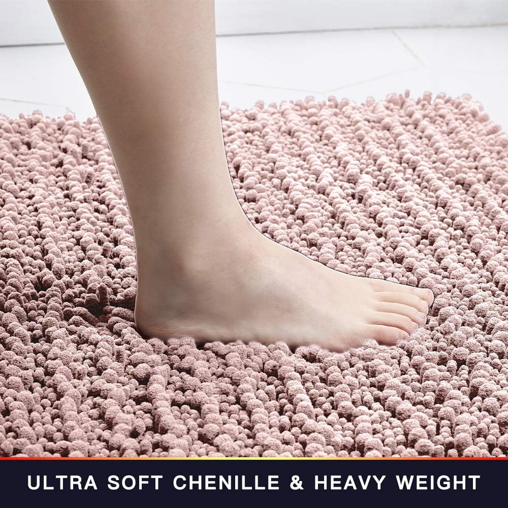 Walensee Bathroom Rug Non Slip Bath Mat (24x17 Inch Blush) Water Absorbent Super Soft Shaggy Chenille Machine Washable Dry Extra Thick Perfect Absorbant Best Small Plush Carpet for Shower Floor
