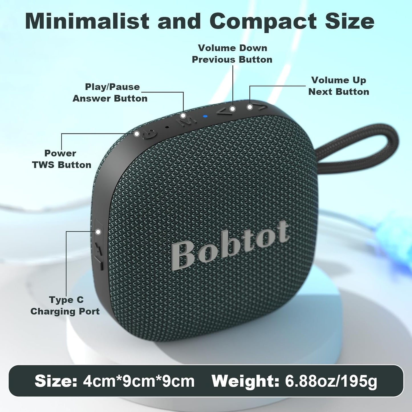 Bobtot Portable Bluetooth Speakers Wireless - IPX7 Waterproof Mini Shower Speaker with 16 Hours Playtime, Loud Stereo Sound, Rich Bass, TWS, Built-in Mic, Small Size for Travel Sport, Green