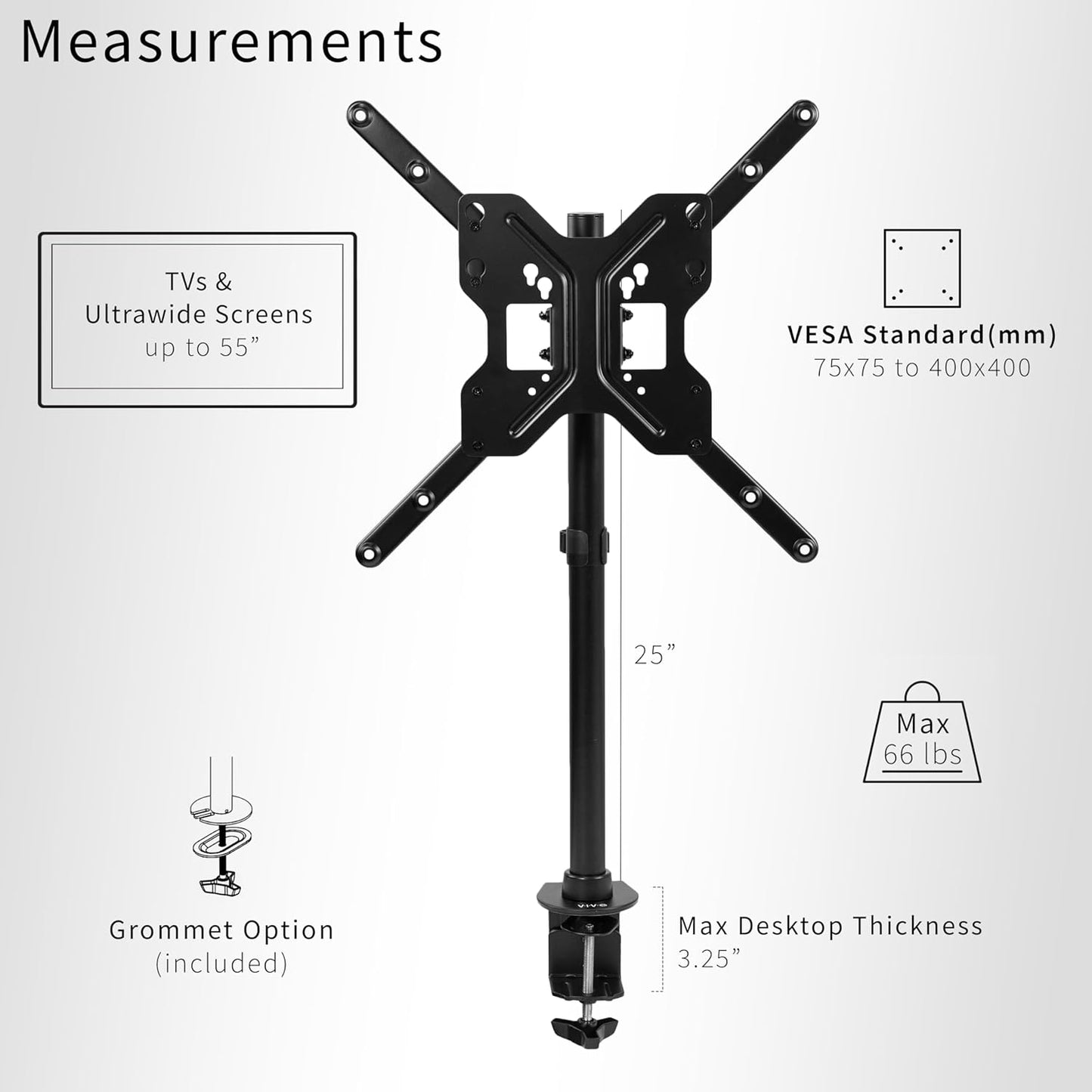 VIVO Ultra Wide TV Desk Mount for up to 55 inch Screens Weighing 29.9kg, Full Motion Height Adjustable Single Television Stand, Black, STAND-V155C
