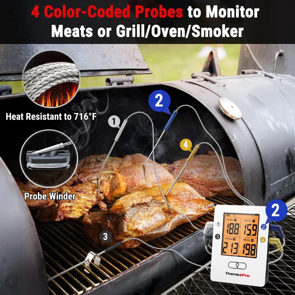 ThermoPro TP25 650FT Wireless Meat Thermometer with 4 Probes, Bluetooth Meat Thermometer for Cooking, BBQ Oven Food Smoker Thermometer Rechargeable