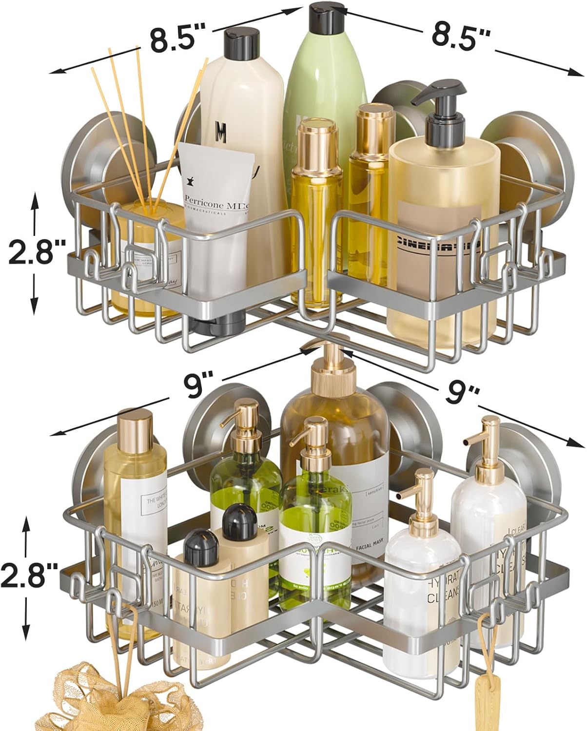 LEVERLOC Shower Caddy Suction Cup, 2 Pack Black Shower Shelf with Hooks and Soap Holder, NO-Drilling Bathroom Organizer, Rustproof Metal Bathroom Storage and Organization