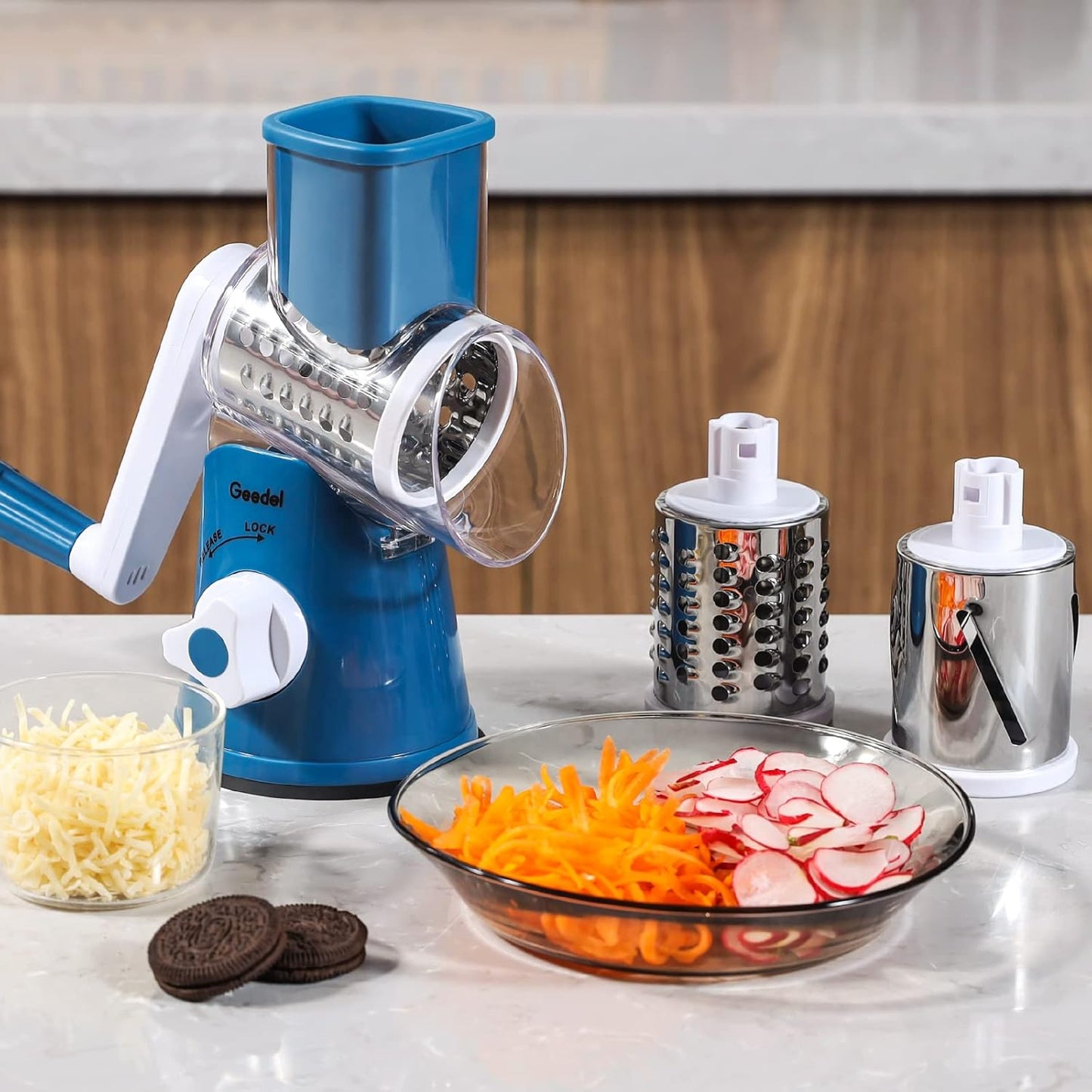 Geedel Kitchen Cheese Grater, Rotary Mandoline Vegetable Slicer with Interchangeable Blades, Easy to Use Rotary Grater Slicer for Fruit, Vegetables, Nuts