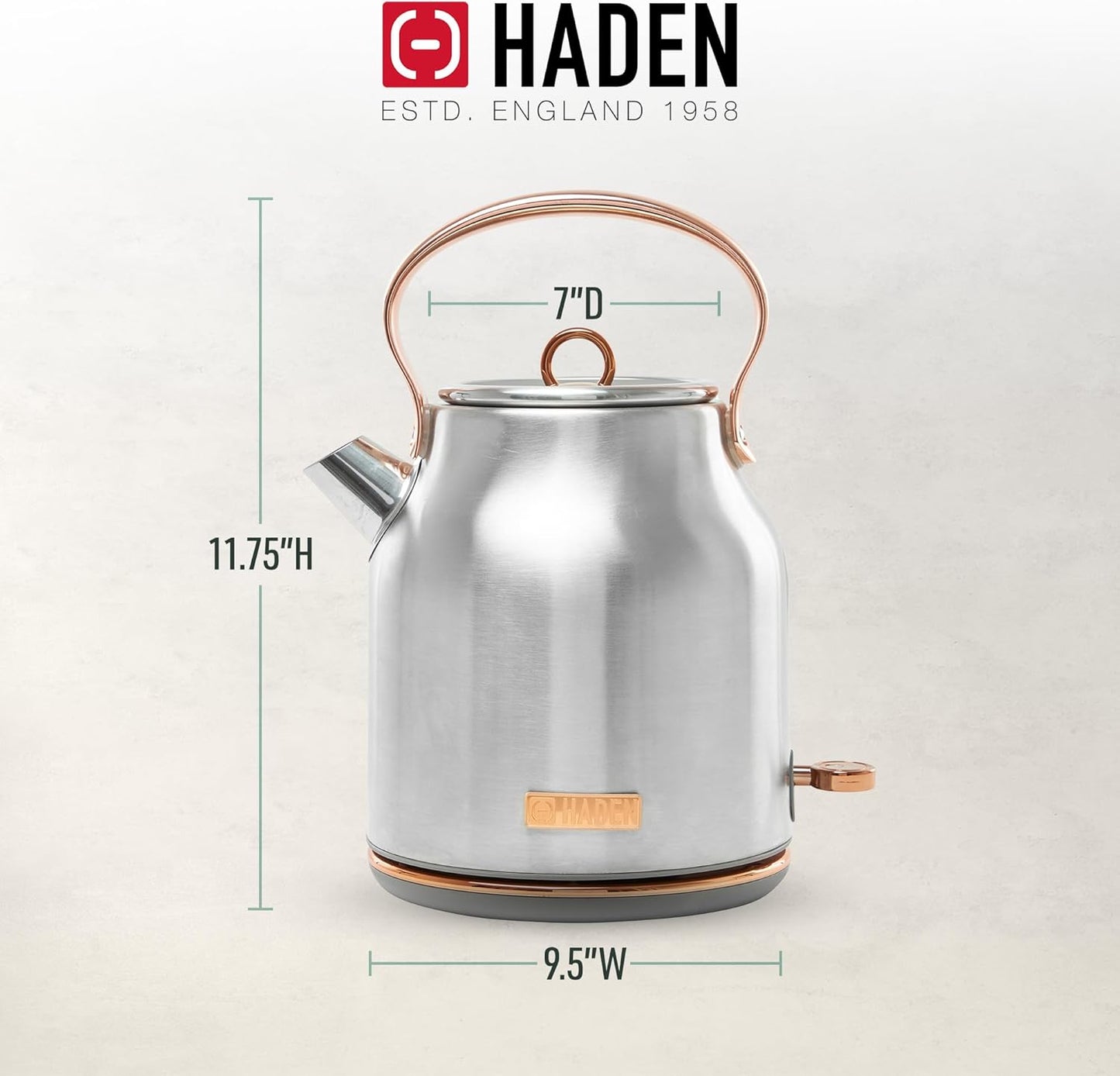 Haden 75041 Heritage 1.7 Liter (7 Cup) Stainless Steel Electric Kettle with Auto Shut-Off and Boil Dry Protection, Black/Copper