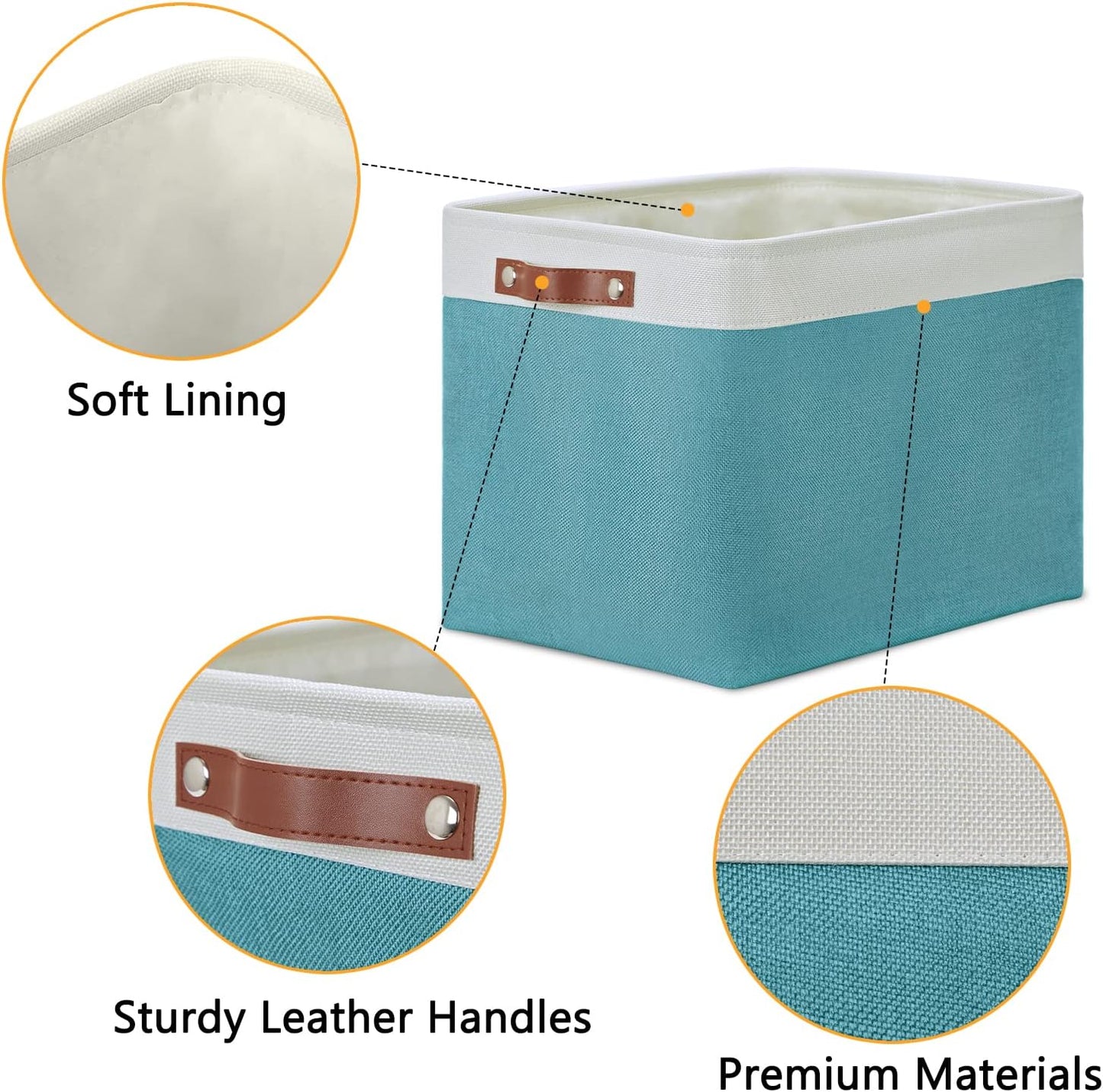 DULLEMELO Storage Baskets for Shelves, Fabric Collapsible Rectangular Storage Bins for Shelves, Closets, Nursery, Home, Office, Empty Gift Baskets (White&Teal)