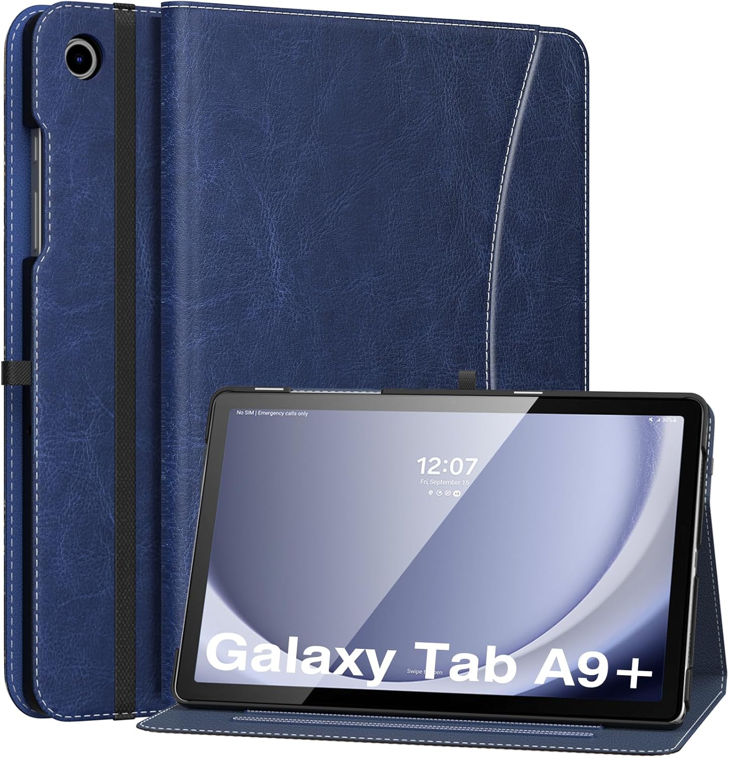 MoKo Case for Samsung Galaxy Tab A9 Plus 11" 2023 (SM-X210/SM-X216/SM-X218), PU Leather Multi-Angle Viewing Folding Stand Cover Case with Hand Strap, Front Pocket, Auto Wake/Sleep, Denim Blue & Brown
