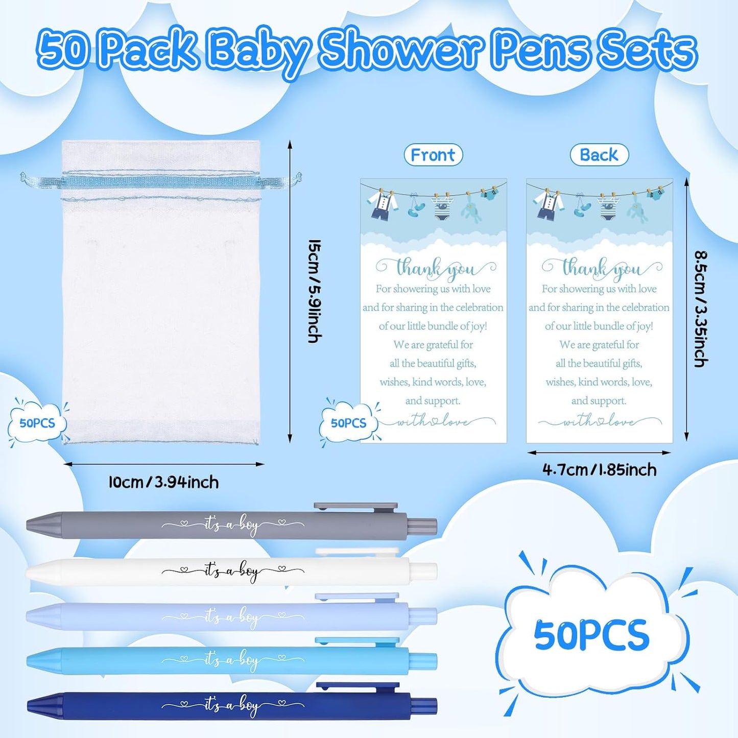 50 Set Baby Shower Favors for Guests It's a Boy Ballpoint Pens Thank You Gift Cards Organza Bags Baby Shower Gifts for Office School Student Writing Gender Reveal Party Favors Birthday Game Prizes