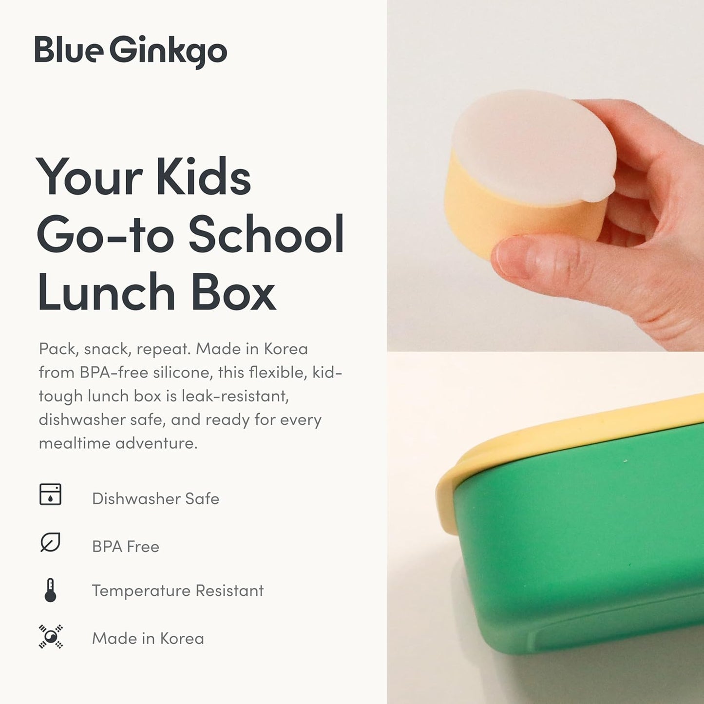Blue Ginkgo Kids Silicone Lunch Box Set – Durable Heavy-Duty Silicone Bento Box, Microwave, Freezer, Dishwasher Safe – Airtight, BPA Free (Made in Korea, Coral)