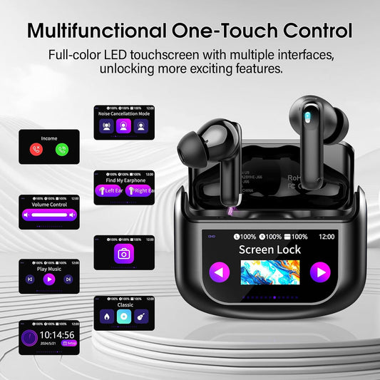 Wireless Earbuds, Bluetooth 5.4 Ear Buds with Multifunctional Touch Screen, 48H HiFi Stereo Headphones, ANC/ENC Noise Cancelling Mic, IPX7 Bluetooth Earbuds with 5 EQ Modes, in Ear Earphones, Black - PuriLite
