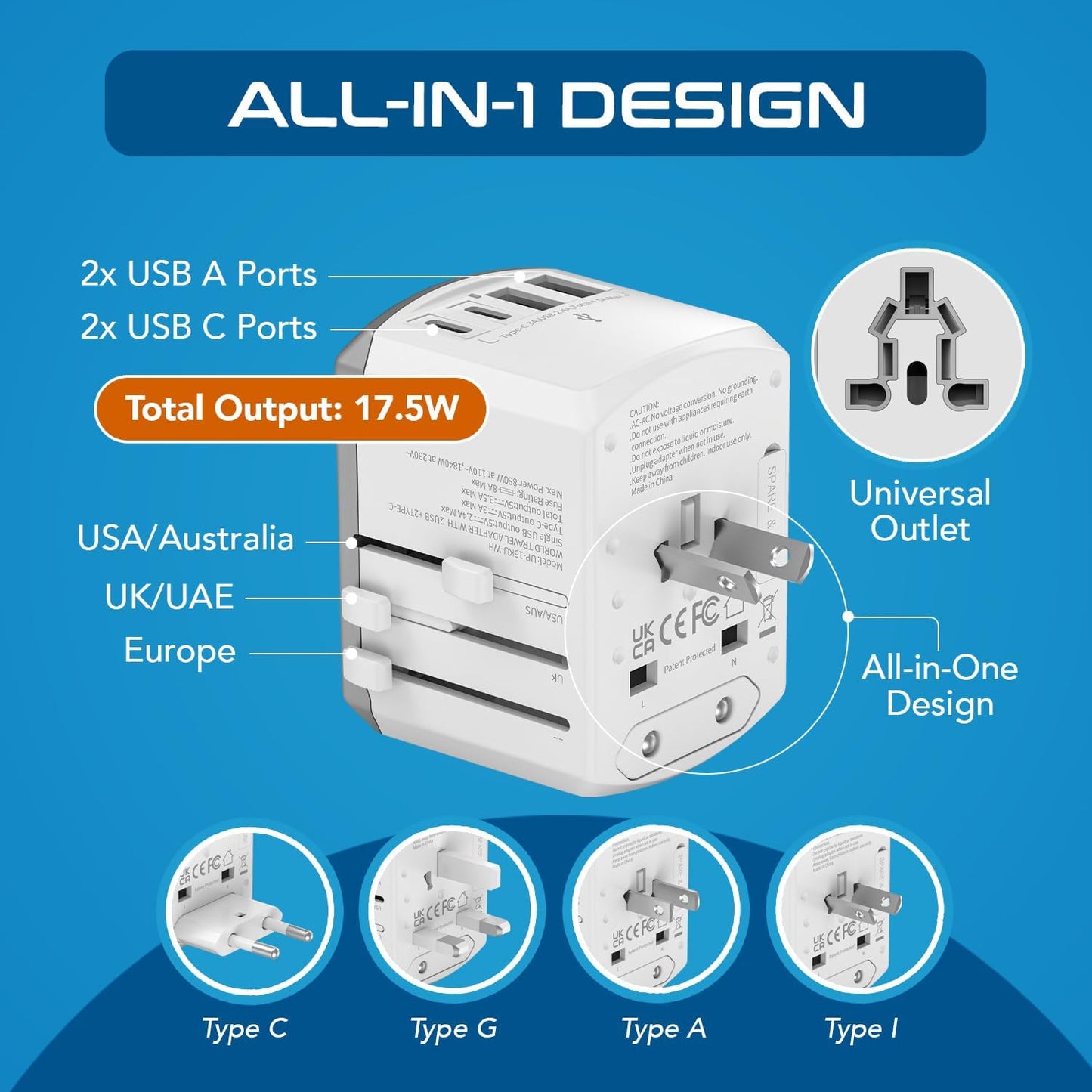 Ceptics Universal Travel Adapter kit, Dual USB (QC 3.0) + 2 US outlets + USB-C Cable, Use with Chargers, Cell Phones, Laptops, 6 Plug attachments for Worldwide use (Does Not Convert Voltage) (WPS-2B)