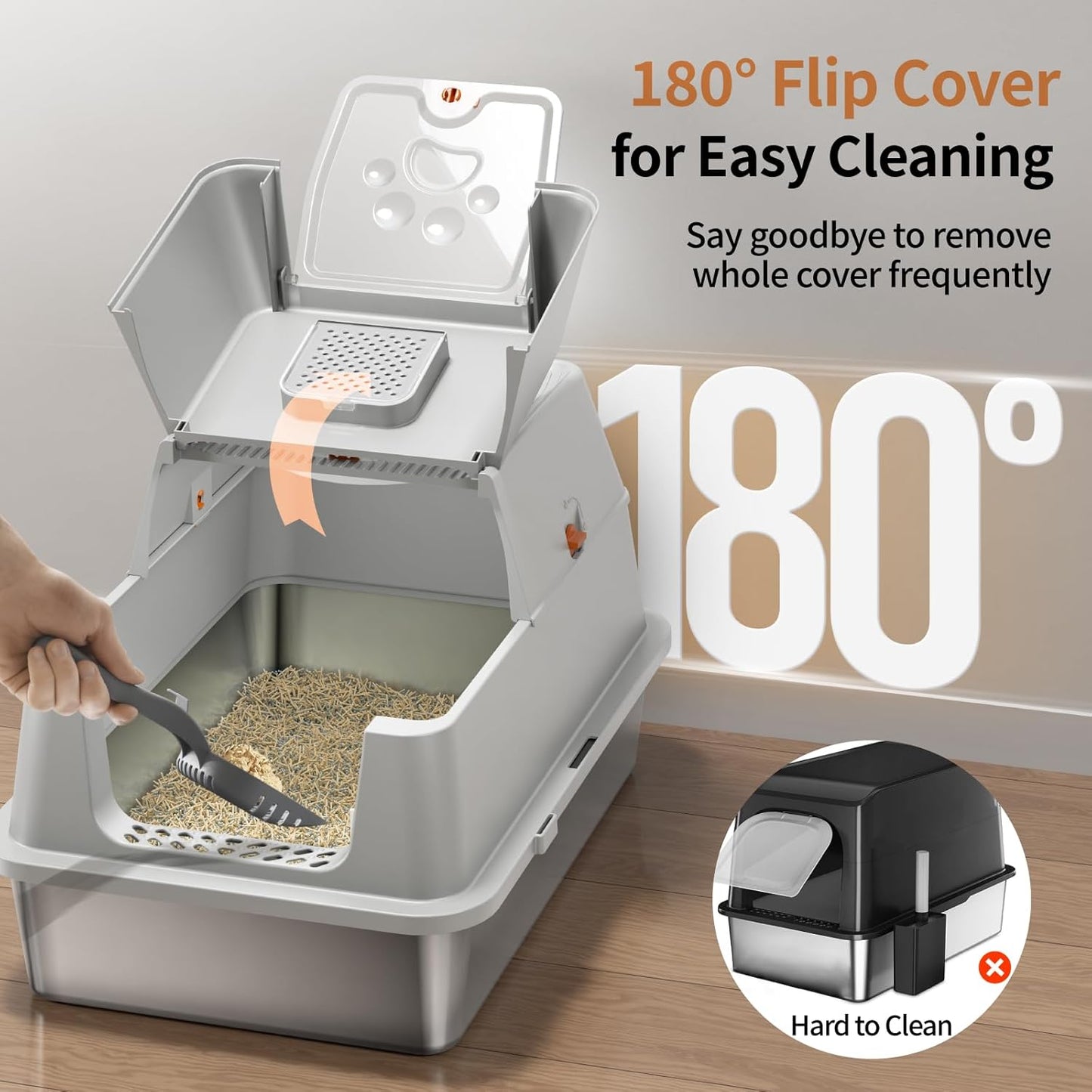 Eosarcu Stainless Steel Cat Litter Box with Lid, XL Large Enclosed Upgraded Litter Box with Removable Lid, Carbon Filters -Odor Free, Easy Cleaning, Anti-Urine Leakage for Big Cats/Multiples-Grey
