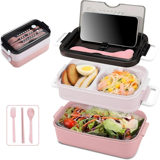 Bento Box, Lunch Box for Adult, Compact Bento Box Set- 2-Layer Stackable Lunch Box with Utensils, Leak-Proof and Durable Food Container for Work, Picnic, and Travel (Pink) - PuriLite