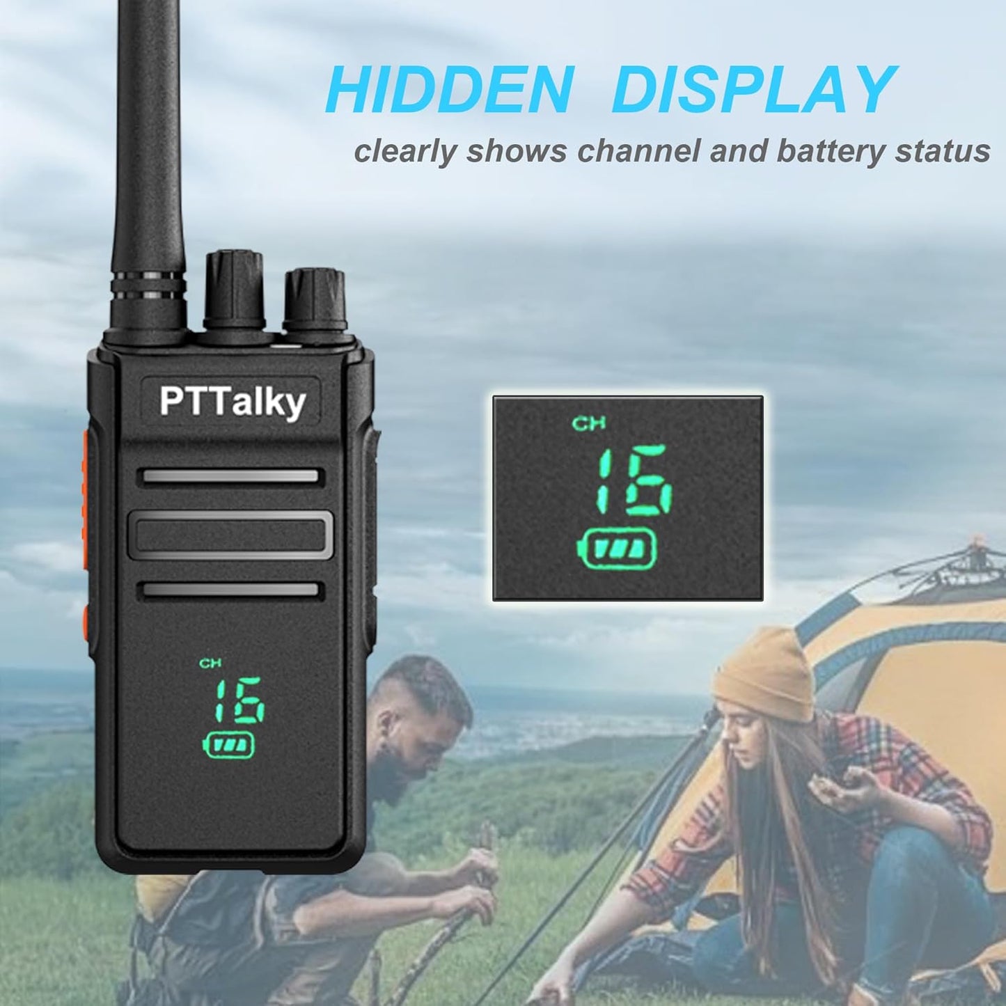 PTTalky FR1 Walkie Talkies for Adults Long Range, Rechargeable 2-Way Radio Walkie Talkie with Charge Cable Charger Dock for Hunting Commercial Cruises (2 Pack)
