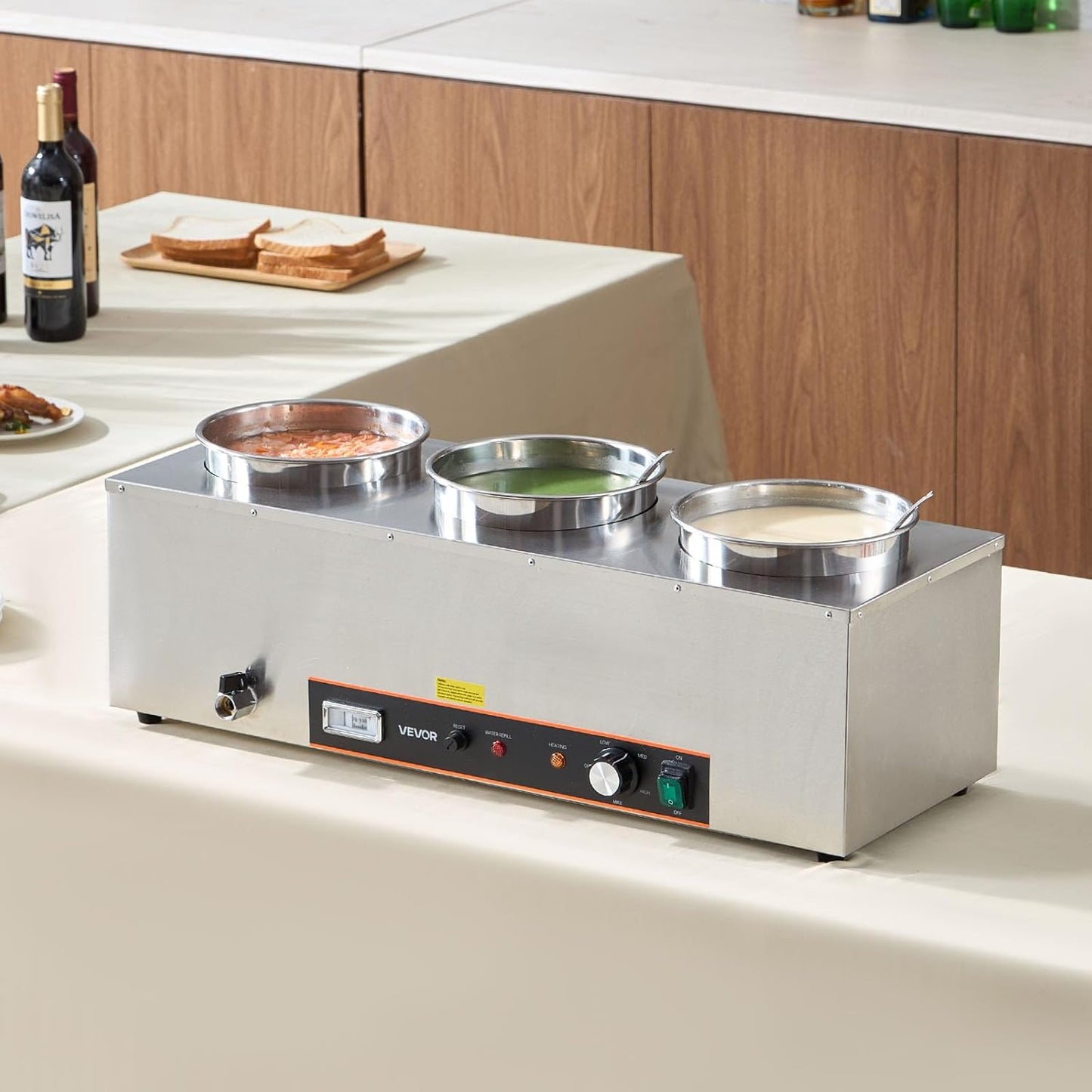 VEVOR Electric Soup Warmer, Three 6.34QT Stainless Steel Round Pot with 86~185°F Adjustable Temp, 1500W Commercial Bain Marie with Anti-Dry Burn and Reset Button, Soup Station for Restaurant, Buffet