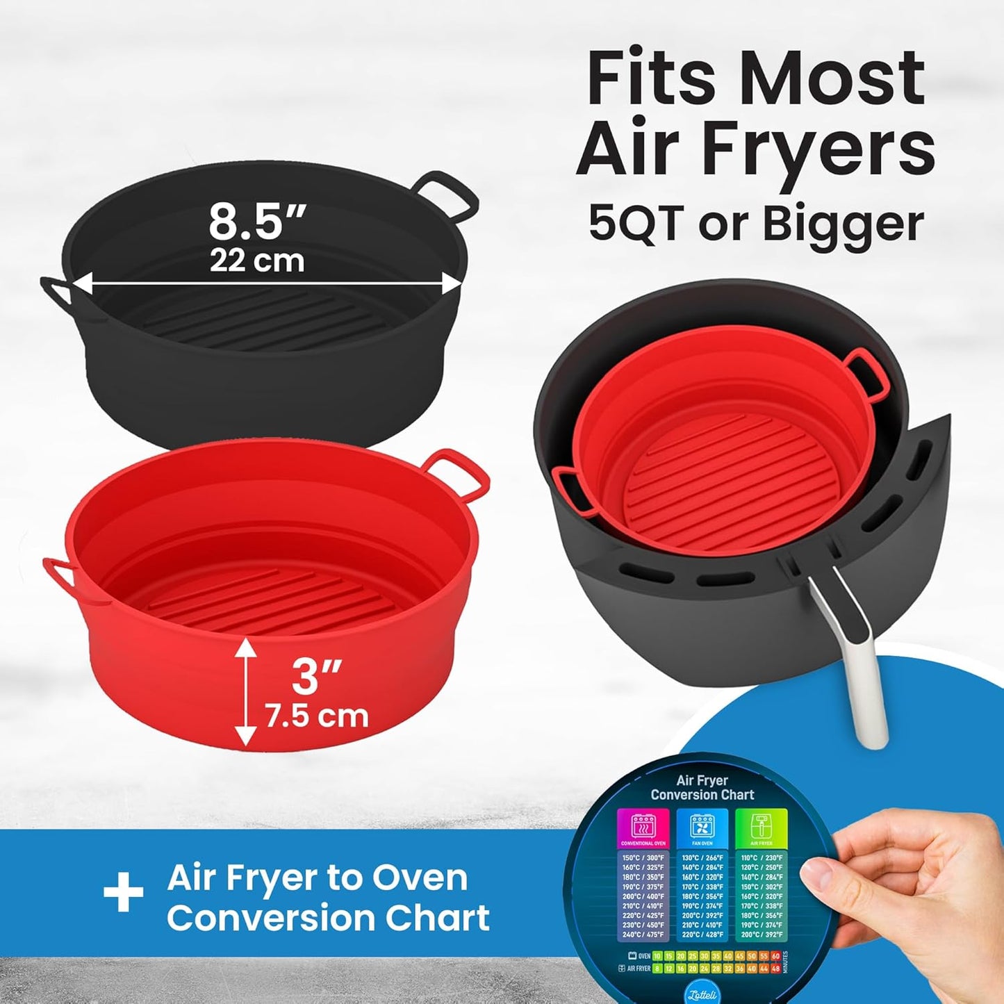 Collapsible Silicone Air Fryer Basket Liners Pot - AirFryer Liners Reusable Bowls for 5 Quart or Bigger - Air Fryer Accessories 2 Pack - Round Silicone Liners (Red & Black)