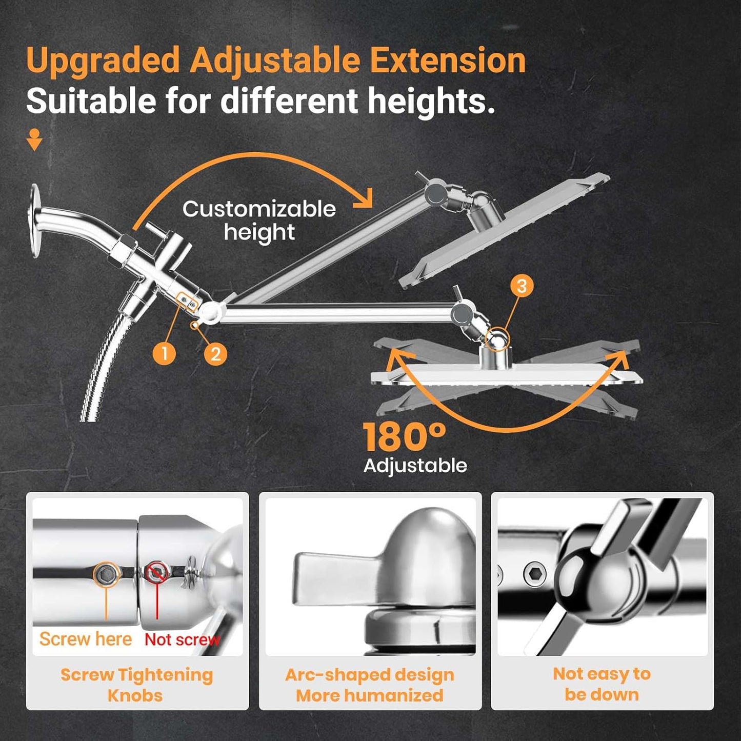 COSYLAND Rain Shower Head with Handheld - 304 Stainless Steel High Pressure 8 inch Square Rainfall Showerhead Combo with 5 Spray Mode 11 inch Extension Adjustable Arm & 60 inch Hose - Chrome