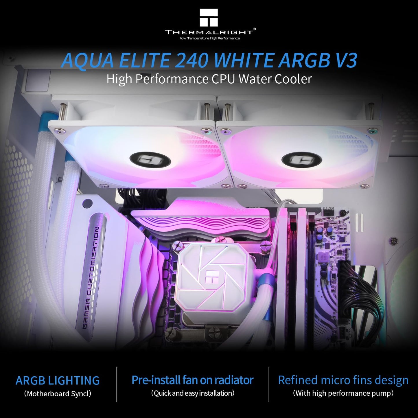 Thermalright Aqua Elite 240 V3 Liquid CPU Cooler, AIO Pump Head Speed up to 3300RPM, TL-C12B-S V2×2 PWM Fans,for AMD/AM4/AM5, Intel LGA1150/1151/1200/2011/1700, Computer CPU Aio Cooler