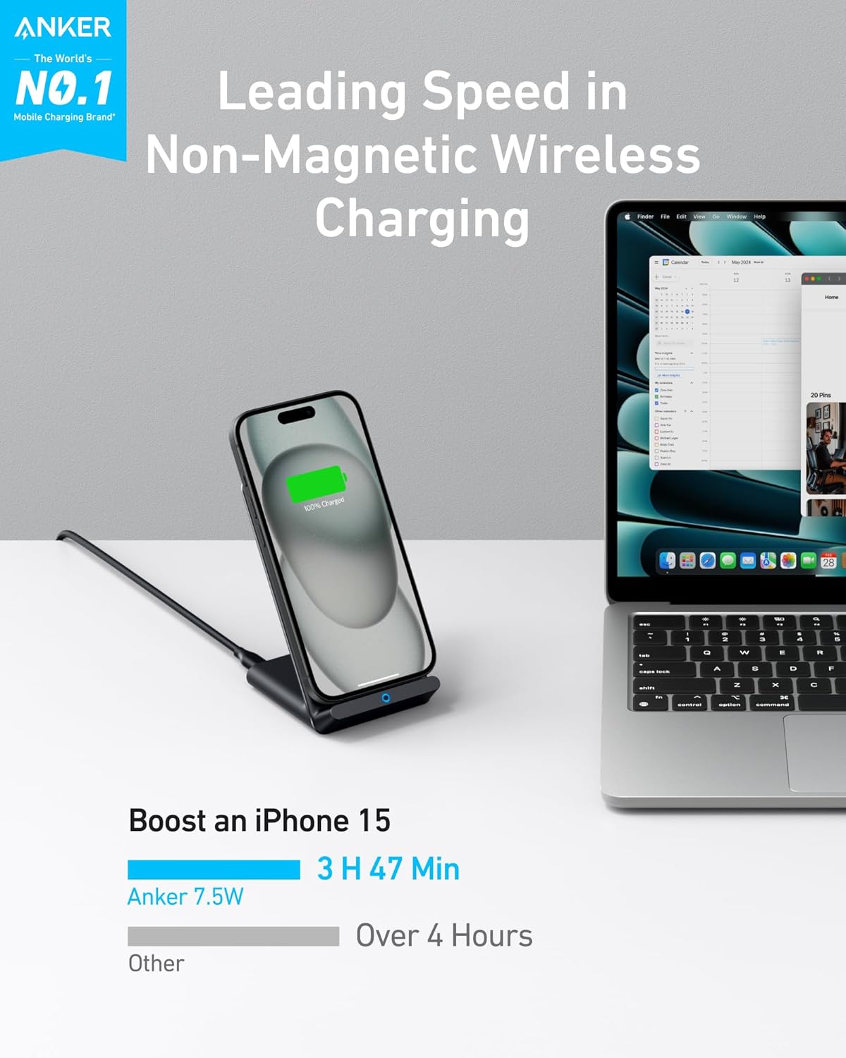 Anker 313 Wireless Charger (Stand), Qi-Certified for iPhone 14/14 Pro/14 Pro Max/13/13 Pro Max, 10W Fast-Charging Galaxy S20, S10 (No AC Adapter)
