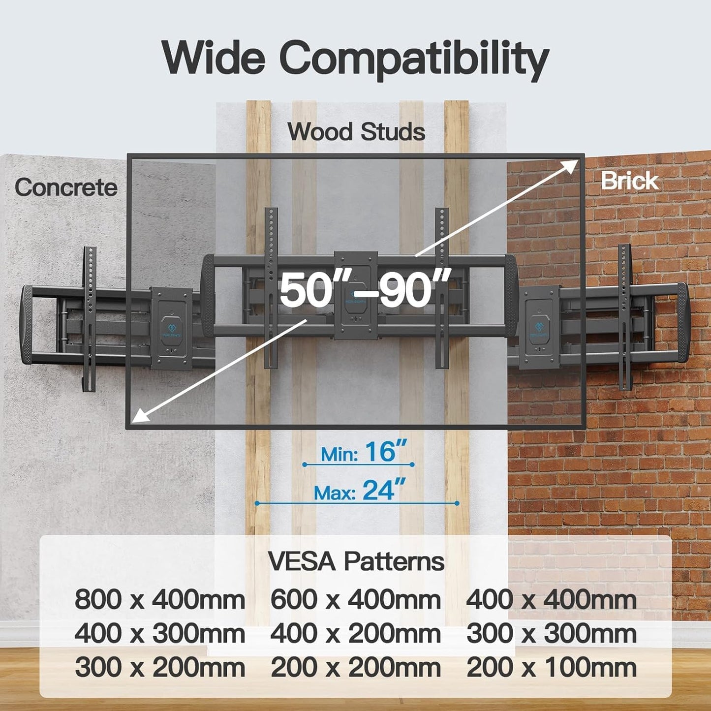 PERLESMITH Full Motion TV Wall Mount for 50-90 in TVs, Super Load-Bearing up to 165lbs, TV Mount Bracket with Dual Articulating Arms Swivel Tilt Extension, Max VESA 800x400mm, Fits 16” to 24" Studs