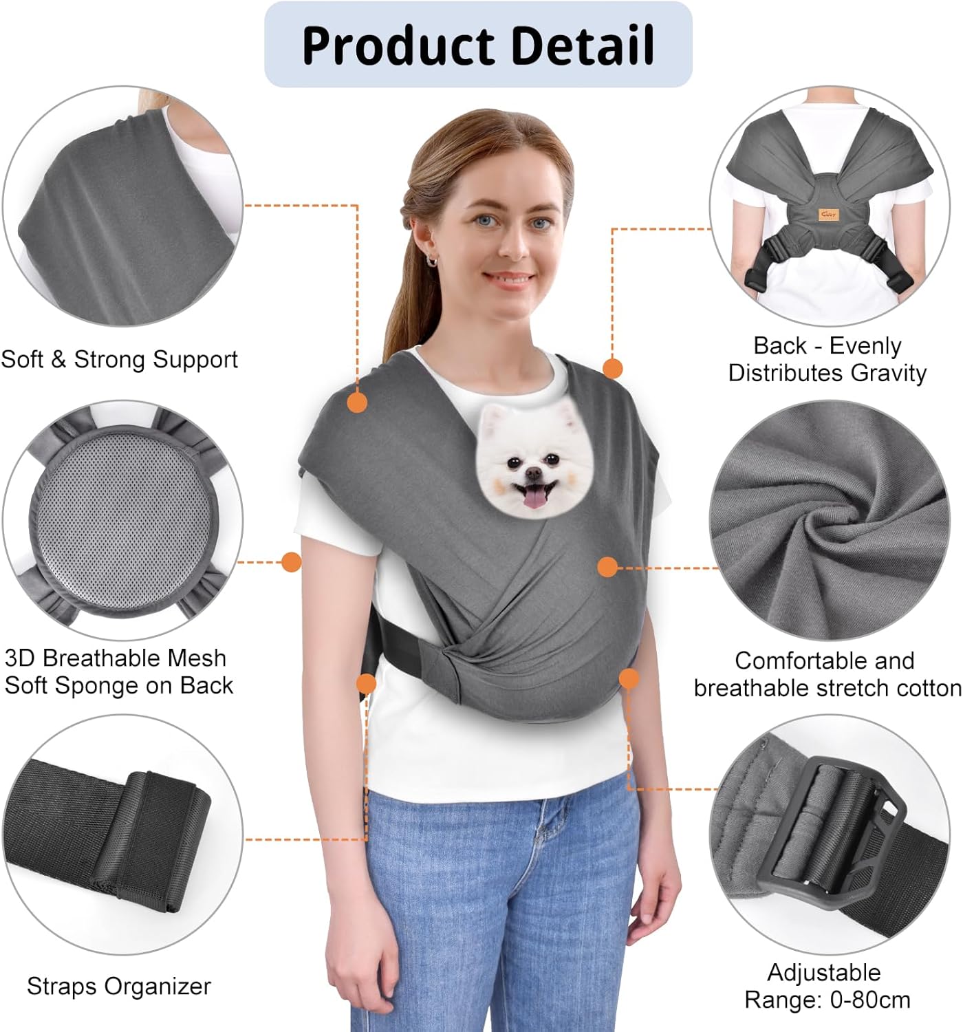 CUBY Swaddle Dog Sling Carrier for Small Dogs, Front Pet Sling Carrie Chest, Hands Free Adjustable Cat Slings Carrier Soft Cotton Reducing Pain Puppy SlingCarrier for Small Pets Up to 11lb (Grey)