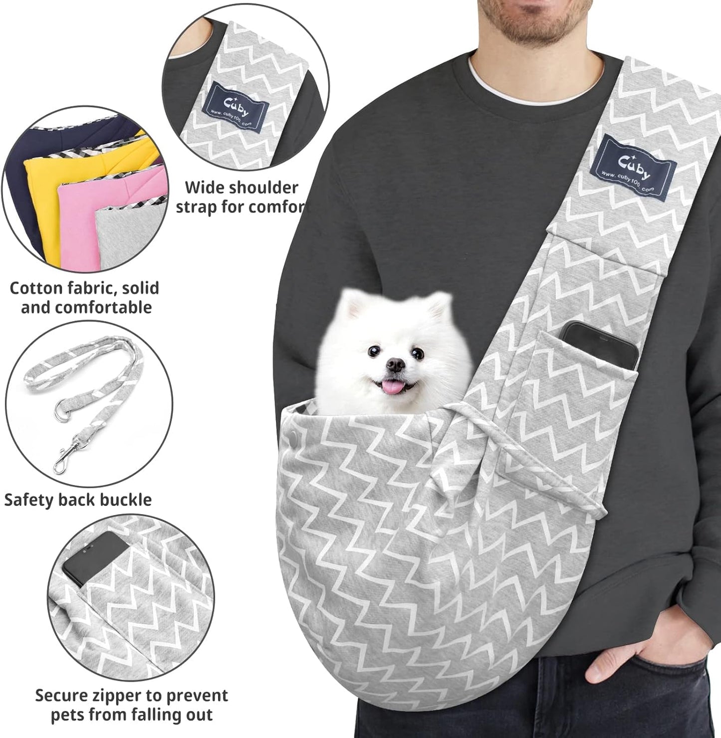 Cuby Adjustable Dog Cat Sling Padded Hard Bottom Pet Carrier Sling Soft Carrying Puppy Bag for Small Dogs Cats Outdoor Travel (Grayish-White)