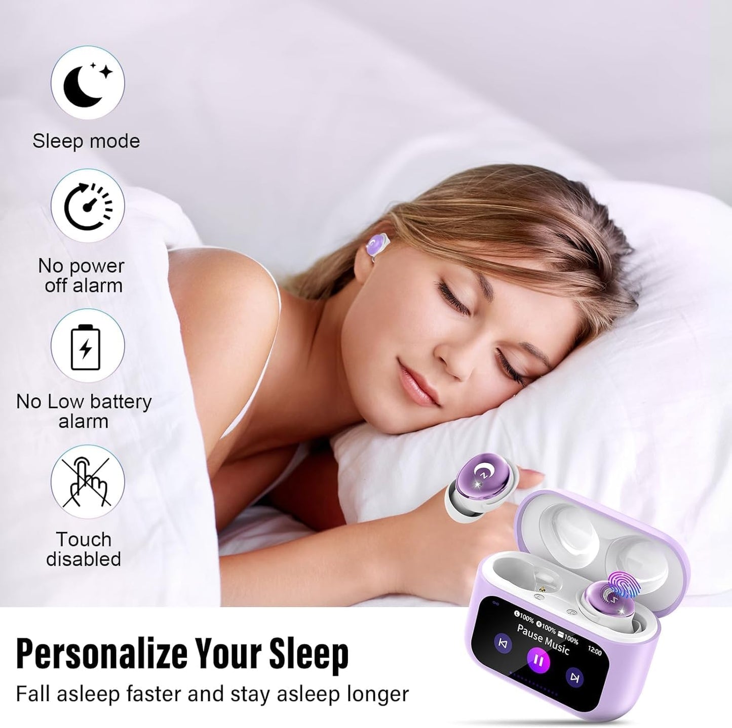 VEKJ Sleep Earbuds, Bluetooth 5.4 Mini Wireless Ear Euds with Multifunctional Touch Screen, 48H Bass Stereo Headphones with Sleep Mode/5 EQ Modes/ENC Noise Cancelling, IPX7 Earphones for iOS Android