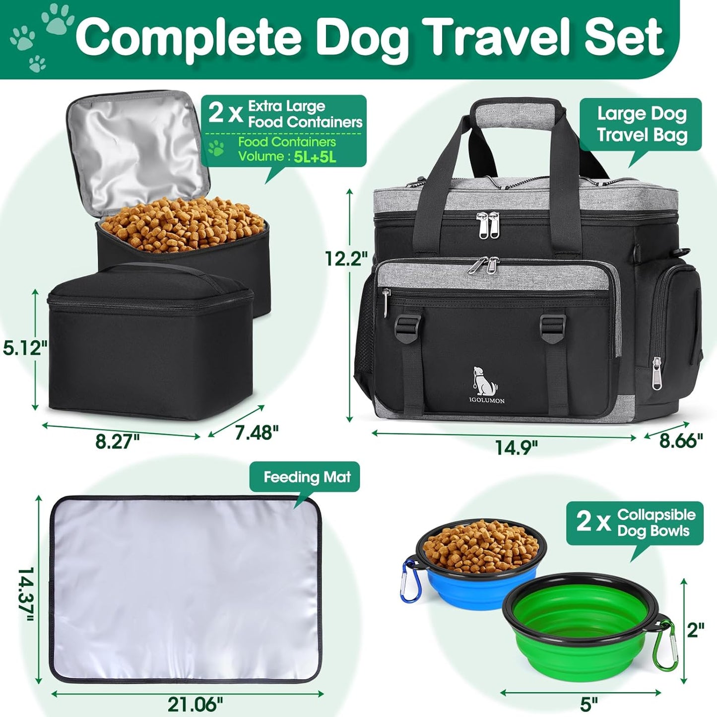 IGOLUMON Dog Travel Bag Weekend Pet Travel Bag Set for Supplies Large Dog Camping Kit Airline Approved Tote Organizer with Multi Pockets, 2 Large Food Containers, 2 Dog Bowls, 1 Feeding Mat