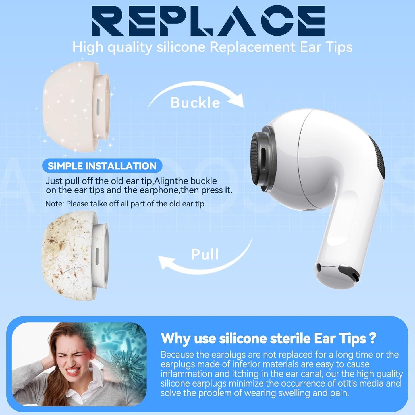 4 Pairs Replacement Ear Tips for AirPods Pro 2nd/1st Generation with Portable Storage Box & Cleaner Pen,Noise Reduction Holewith & Built-in dust Guard Screen,Silicone Ear Tips for AirPods Pro (White)