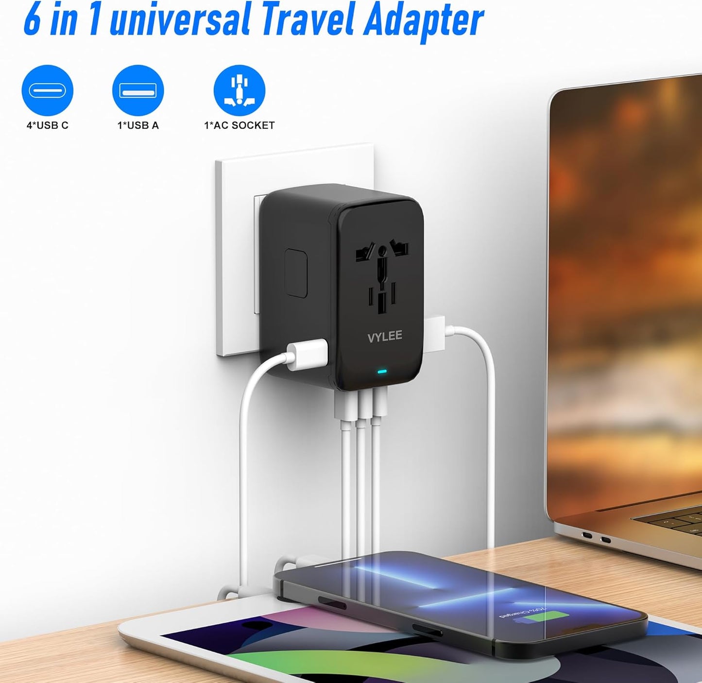 VYLEE Universal Travel Adapter, 65W Fast GaN International Power Adapter, 3PD USB-C+1QC USB-A European Travel Plug Adapter, US, UK, EU, AU Worldwide Travel Charger for Laptops, Tablets, Phones
