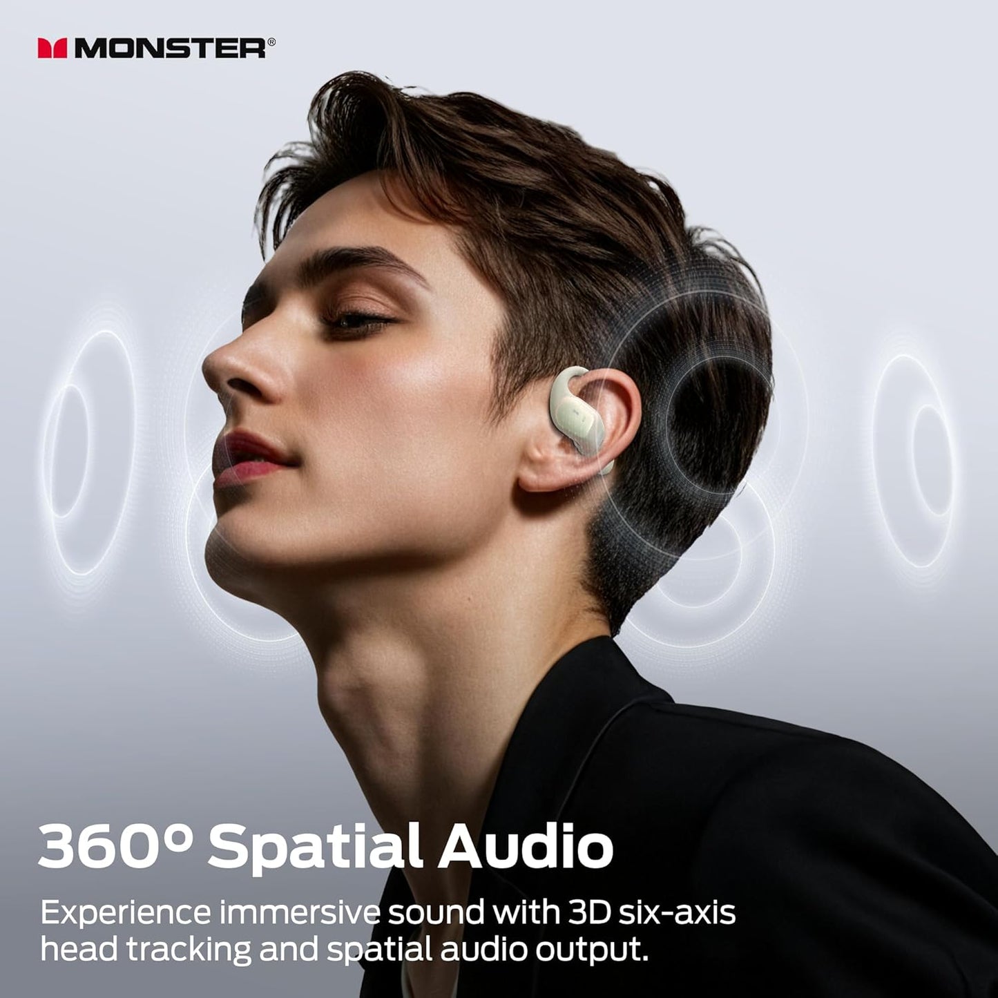 Monster Open Ear AC326 Headphones, Bluetooth 6.0 Wireless Earbuds with Dual-Mic Clear Calls, Air Conduction Headphones with Ear Hooks, Spatial Audio, Snug Fit, 35H Playtime, IPX5 for Sports, Off-white
