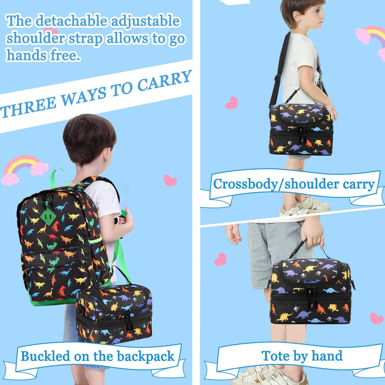 VASCHY Lunch Box Bag Men, Insulated Two Compartments Bento Cooler Bags for Adults/Women/Kids for School,Daycare,Kindergarten,Picnic Black