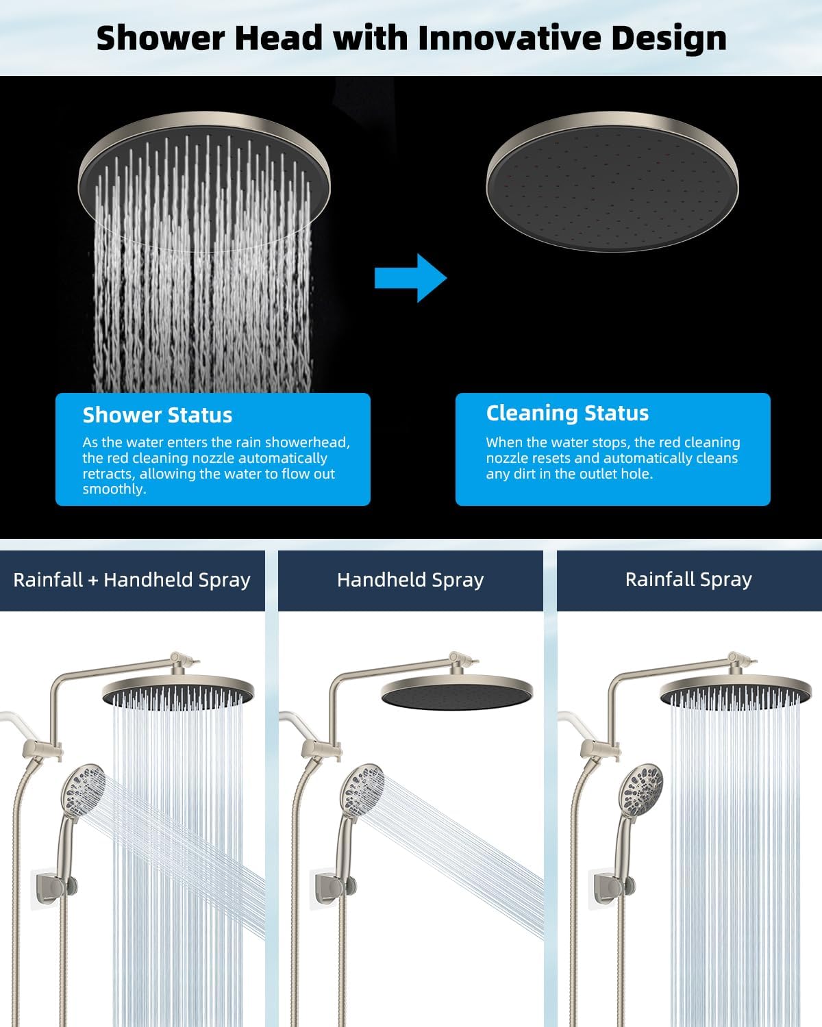 Metal Thickness Shower Head, 10'' High Pressure Rainfall Shower Head/Handheld Showerhead Combo with 12'' Adjustable Shower Extension Arm, 7-Spray, 71'' Hose, Showerhead Holder, Matte Black