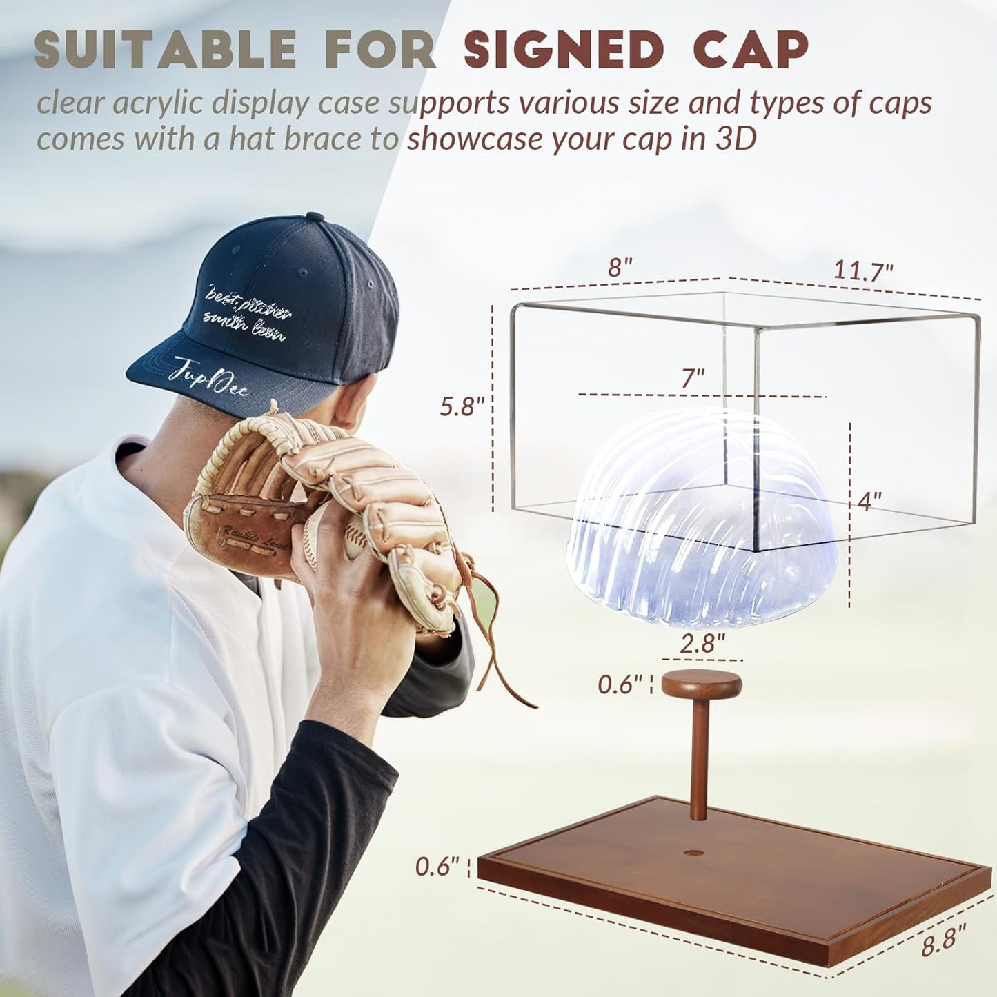 JupDec Baseball Display Case, Clear Cube Baseball Holder with Wooden Base, Autograph Baseball Stand Box for Single Ball, Acacia Wood, Brown, 1 Pack