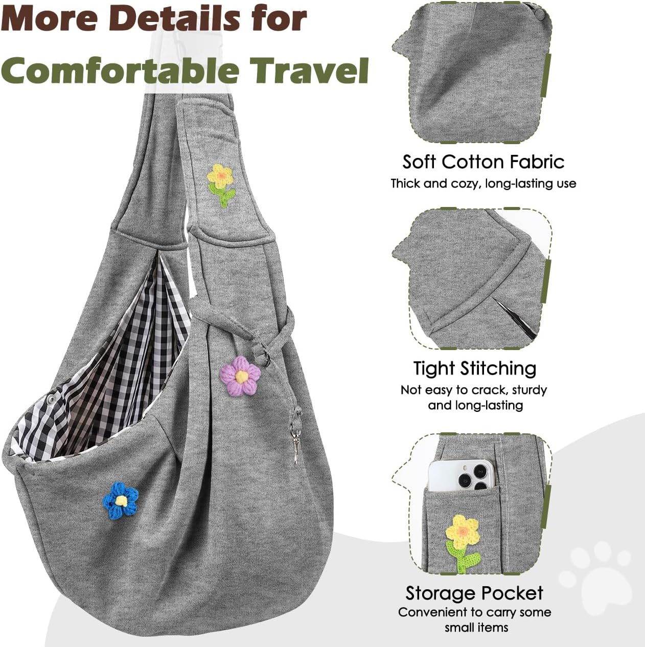 Pawaboo Small Dog Sling Carrier, Reversible Hands Free Dog Sling Carrier for Small Dogs and Cats, Puppy Sling Carrier with Adjustable Strap Buckle & Safety Harness, Puppy Essentials, Grey