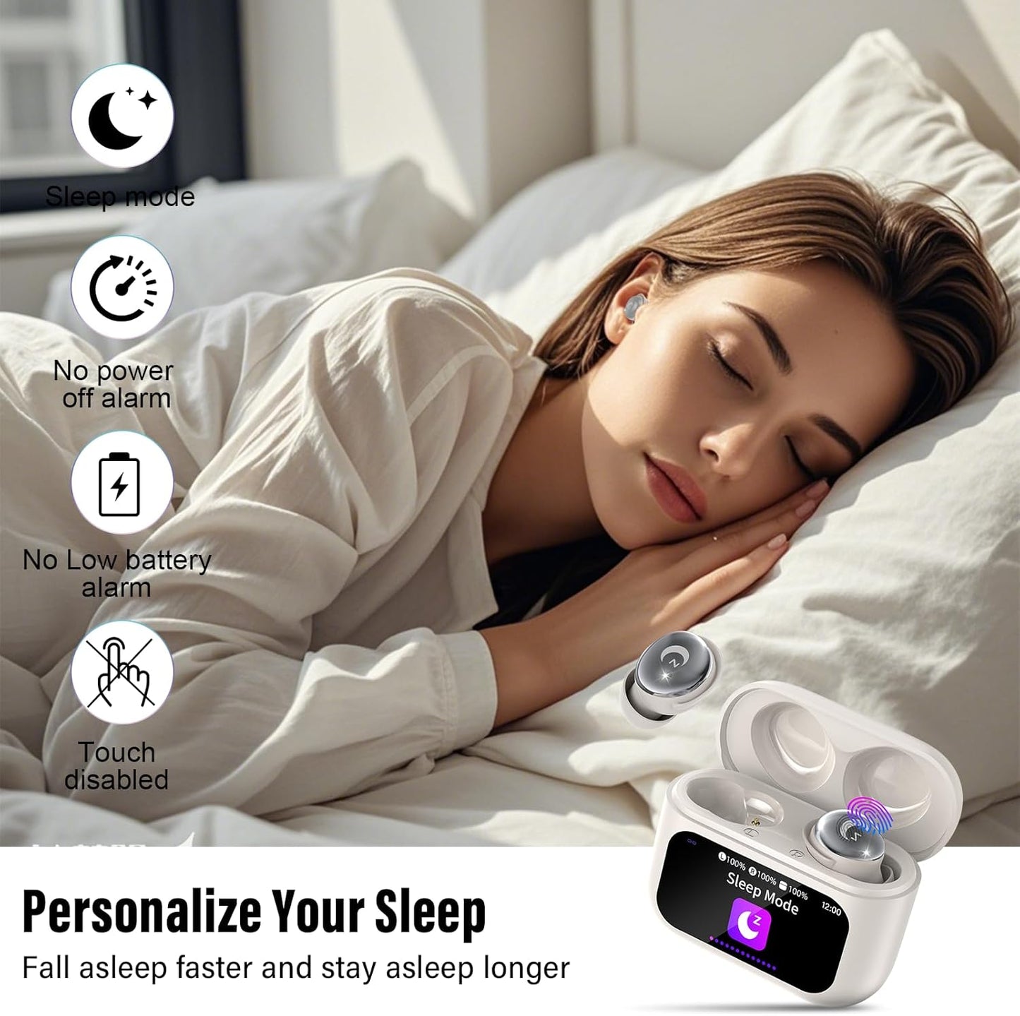 VEKJ Sleep Earbuds, Bluetooth 5.4 Mini Wireless Ear Euds with Multifunctional Touch Screen, 48H Bass Stereo Headphones with Sleep Mode/5 EQ Modes/ENC Noise Cancelling, IPX7 Earphones for iOS Android