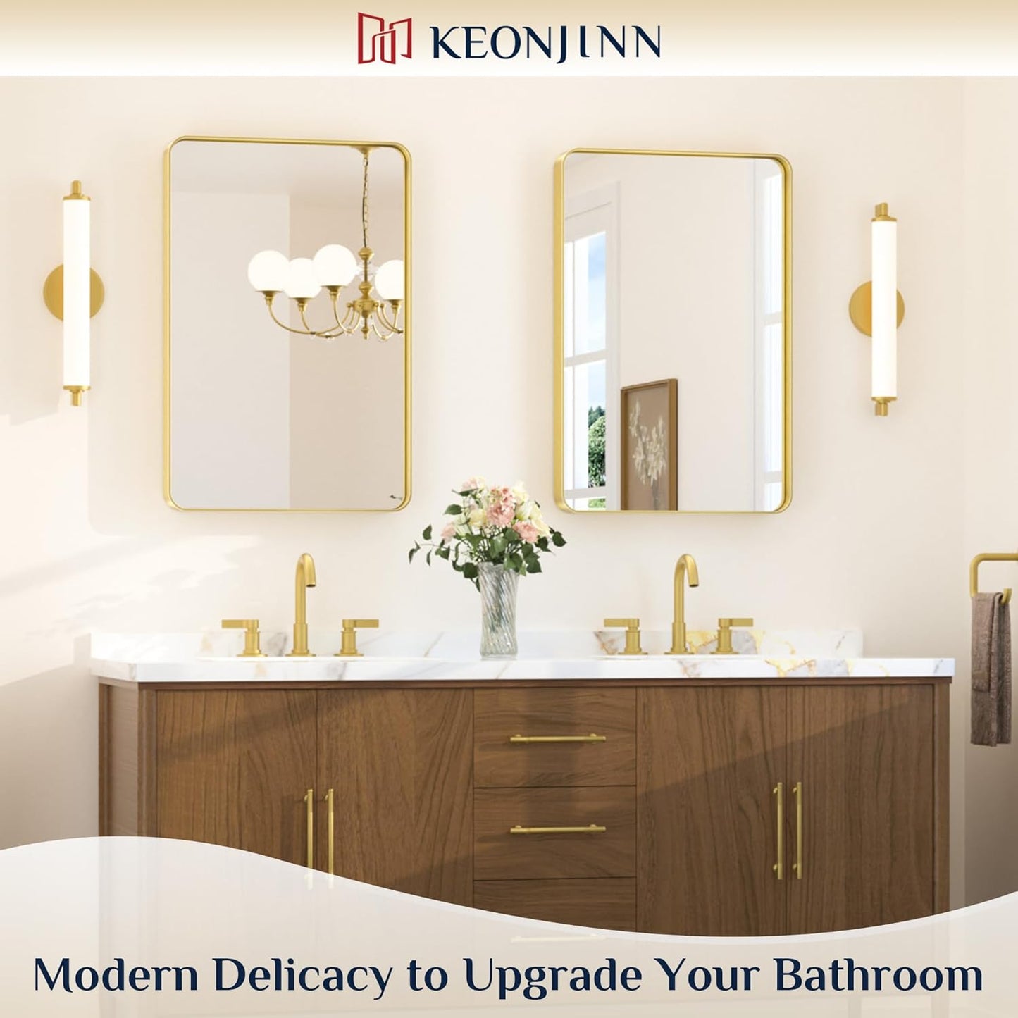 Keonjinn 42 x 36 Brushed Nickel Bathroom Vanity Mirror, Large Rounded Rectangle Bathroom Mirrors for over Sink, Metal Framed Silver Mirror for Wall, Shatterproof HD Tempered Glass(Horizontal/Vertical)