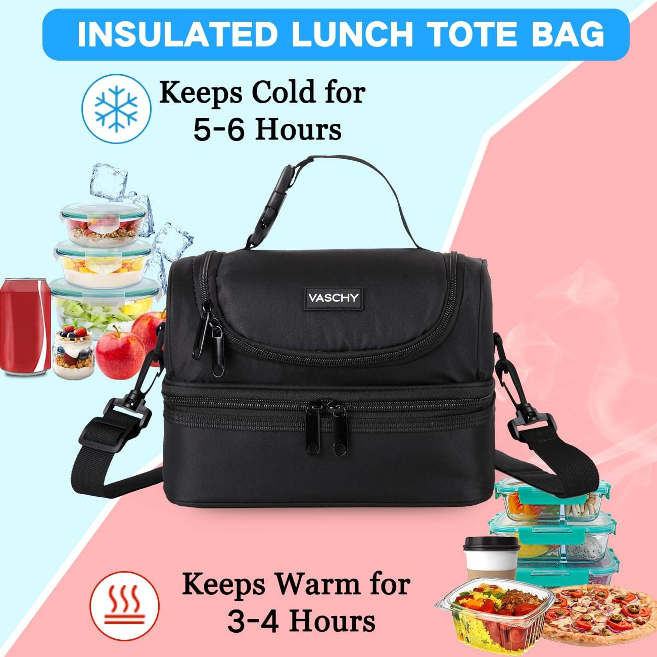 VASCHY Lunch Box Bag Men, Insulated Two Compartments Bento Cooler Bags for Adults/Women/Kids for School,Daycare,Kindergarten,Picnic Black