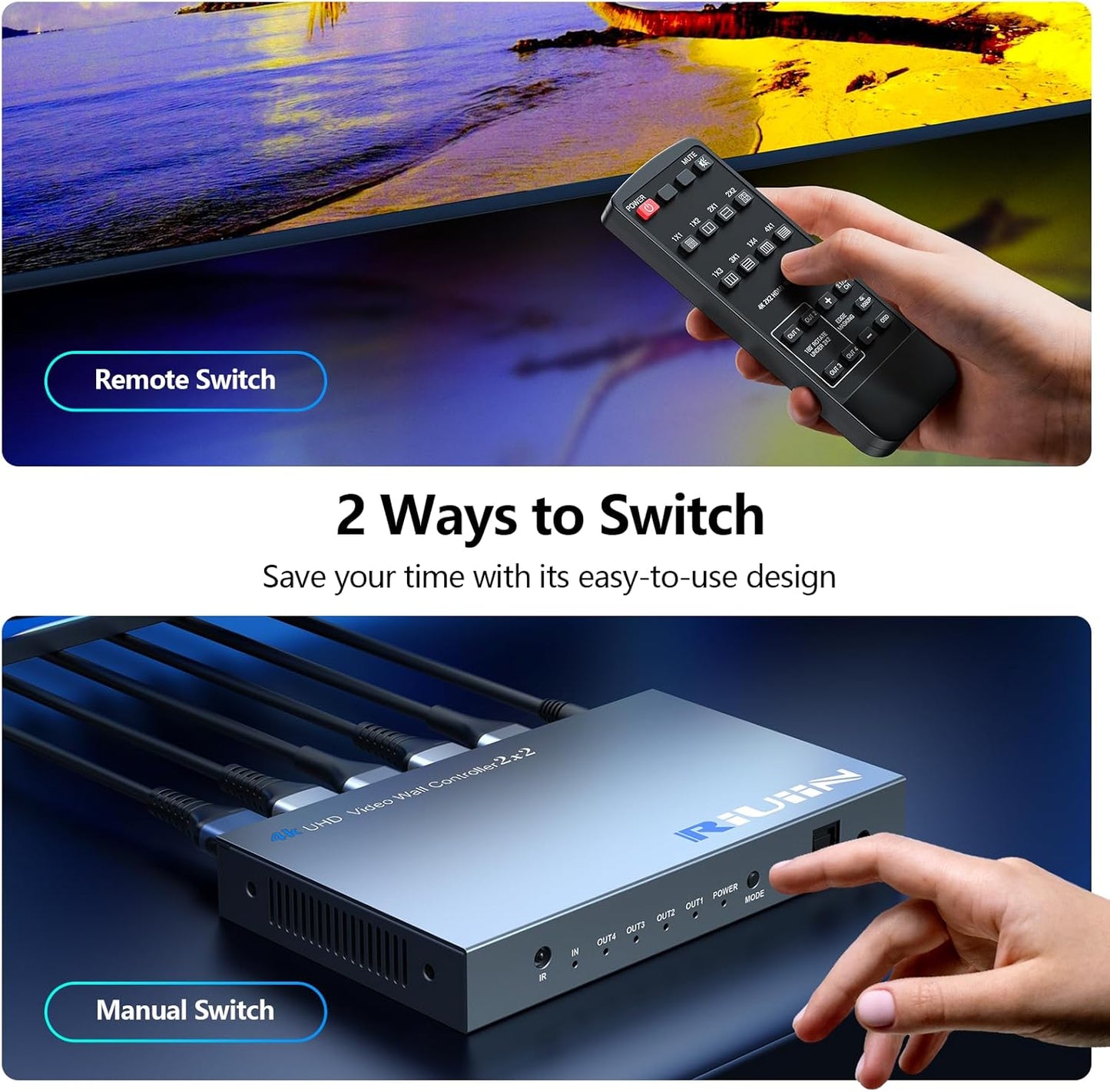 HDMI Video Wall Controller, RIUIIN TV Wall Controller, 4K TV Wall Processor, 180° Rotation, Audio, IR Remote, 2x2,1x2,1x3,1x4,2x1,3x1,4x1, Make 4 tv Screens into Wall Display