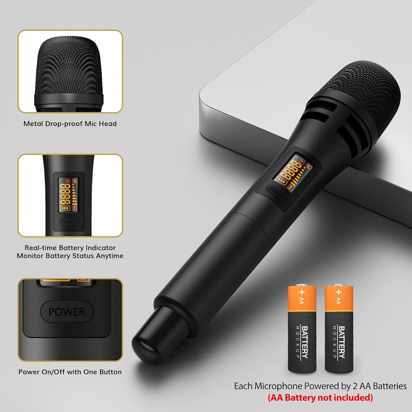 TONOR Wireless Microphones, UHF Dual Karaoke Microphone System, Microfonos Inalambricos with Rechargeable Receiver, Cordless Dynamic Mic for Singing, Wedding, DJ, Party, Speech TW320 Grey