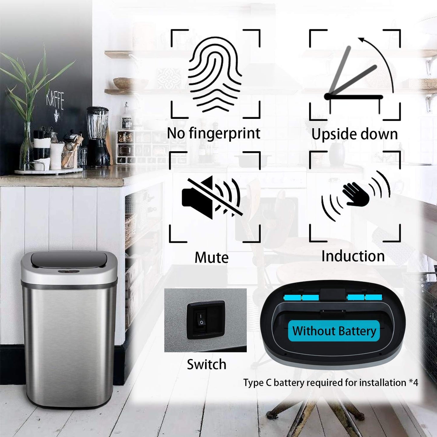 13 Gallon Sensor Garbage Can Stainless Steel Kitchen Garbage Can with Lid Antomatic Garbage can for Kitchen Office Bedroom Bathroom Living Room,Black