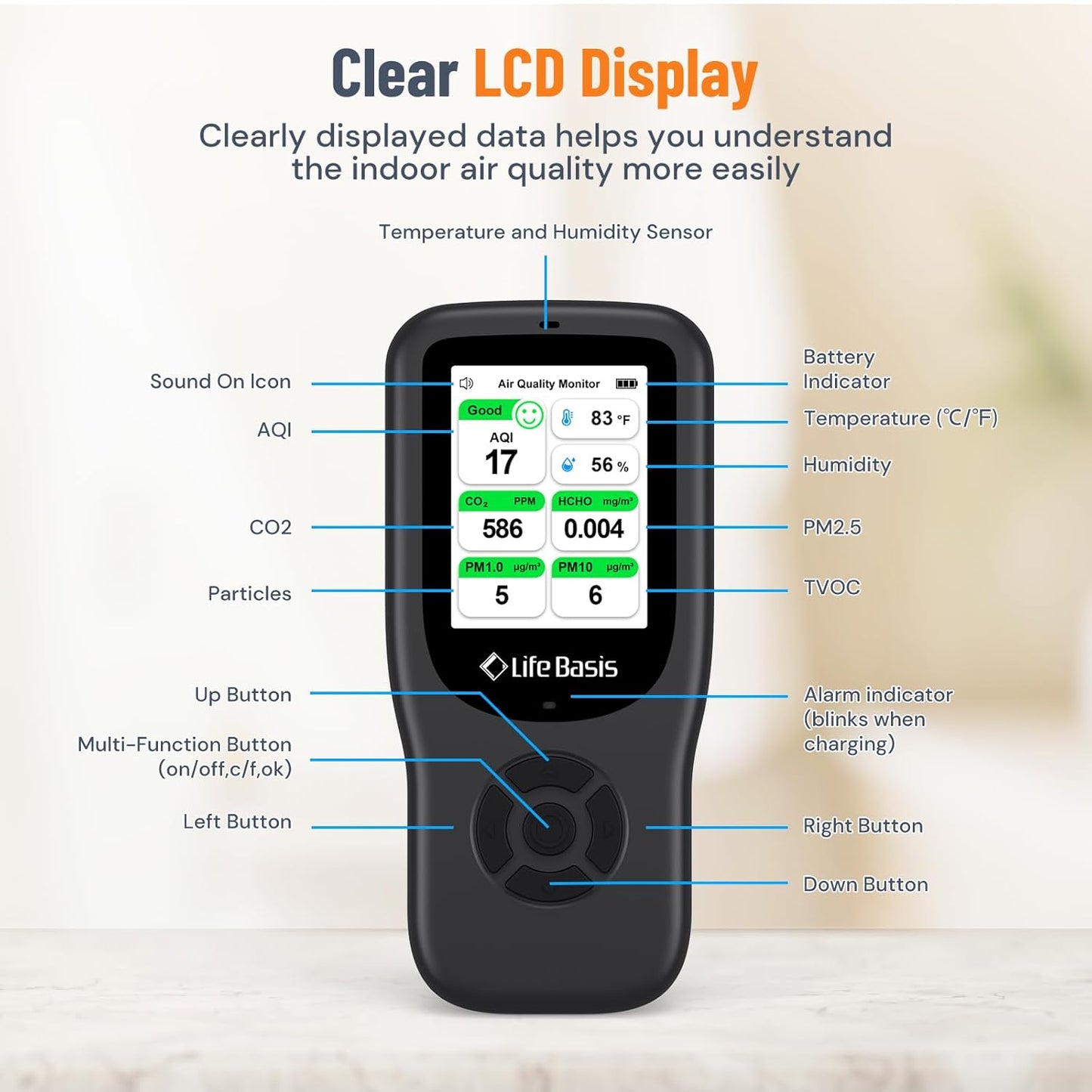 LifeBasis Air Quality Monitor Indoor, 10-in-1 Air Quality Detector with Stand, Real-Time Air Meter Test AQI, PM1.0, PM2.5, PM10, CO2, TVOC, HCHO, Particles, Temperature and Humidity with Alert -Black