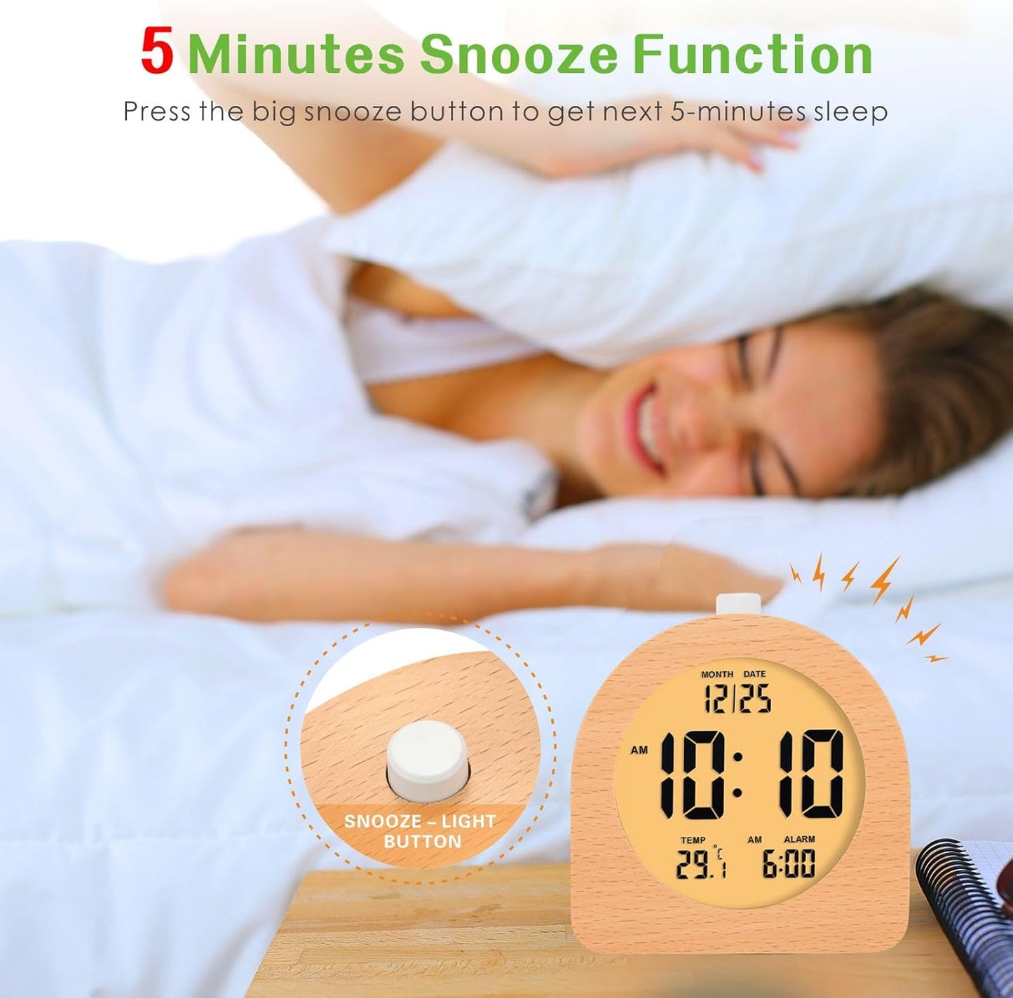 Plumeet Wooden Digital Alarm Clock for Bedrooms, Wood 4'' Battery Powered Alarm Clock with Snooze and Nightlight, Electronic LCD Desk Clock Display Time, Date, Temp, 12/24H, Wood Décor (Sapele, 3.2'')