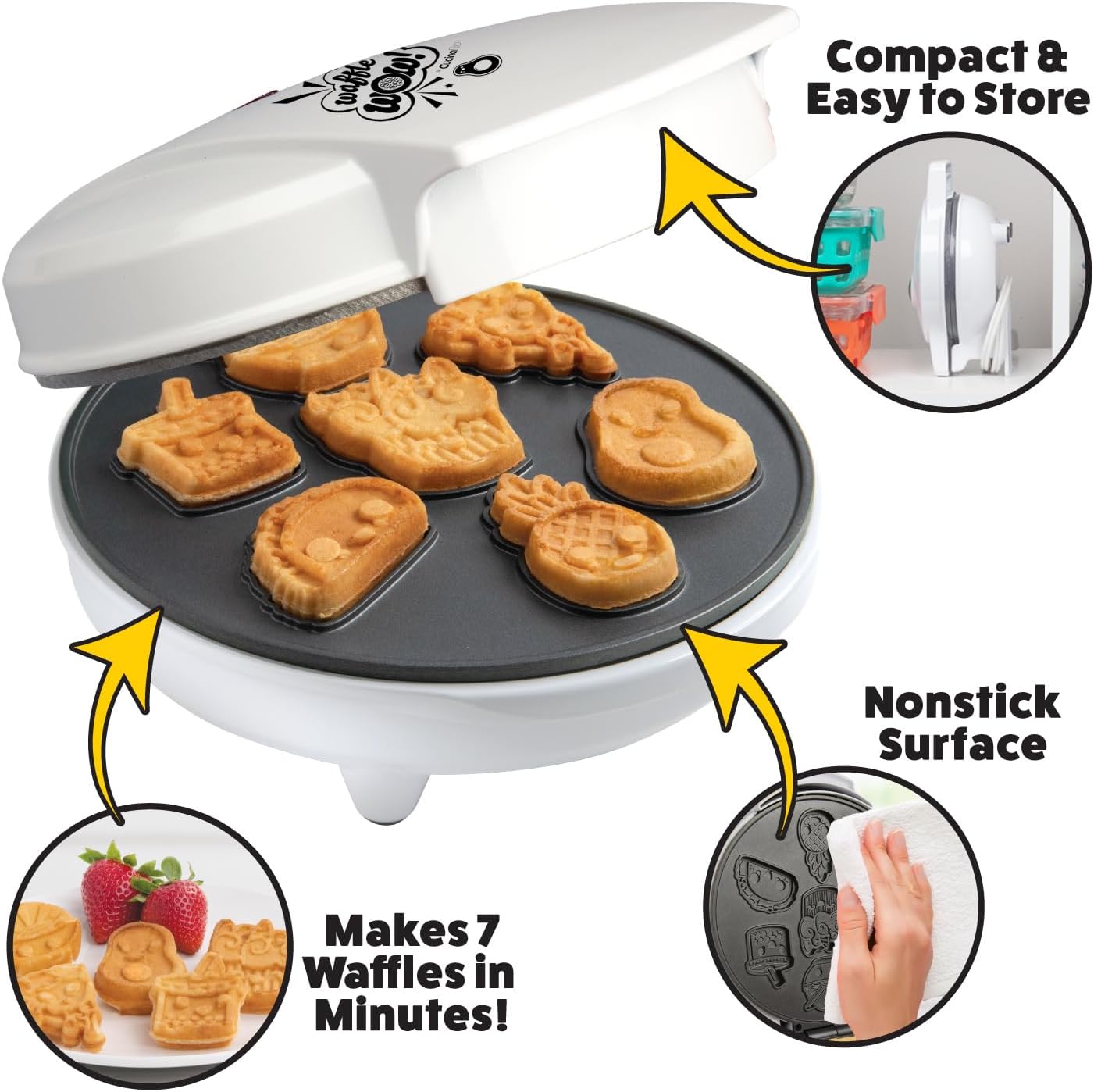 Kawaii Fun Snacks Mini Waffle Maker - 7 Different Food Emoji Designs Featuring an Avocado, Pizza, Ramen, Taco & More - The Cool Electric Waffler Gift for Amazing Kid's Breakfasts and Holiday Gifts
