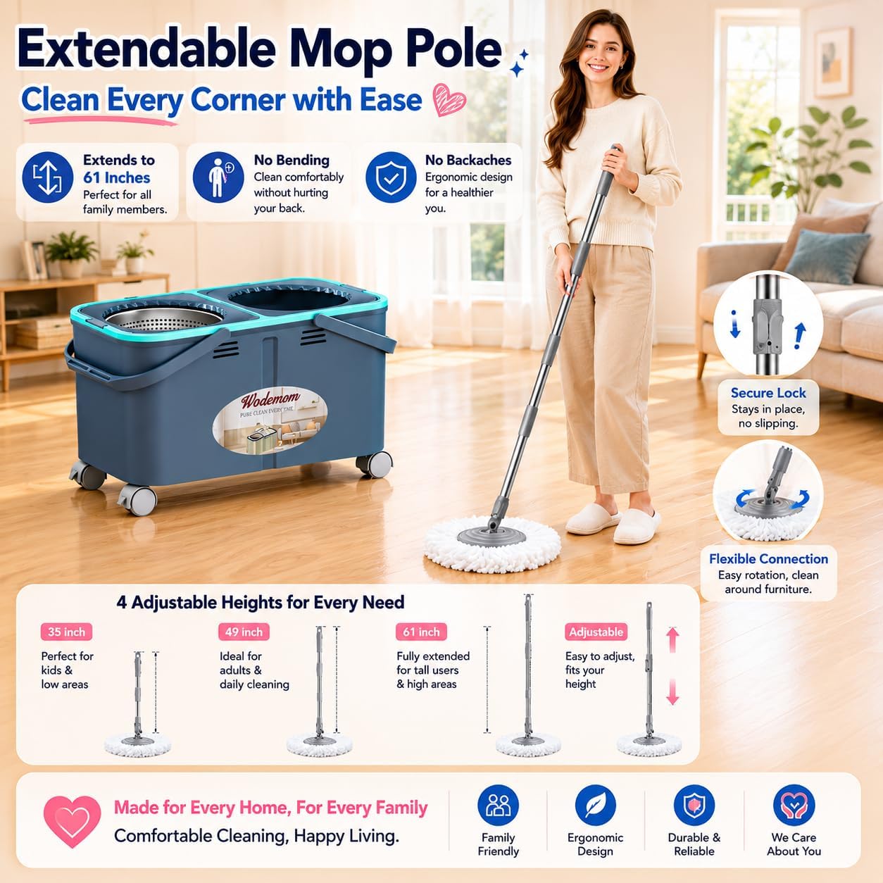 Mop and Bucket with Wringer Set, Clean & Dirty Water System, Floor Mop with 360° Swivel Wheels, 61" Handle, 6 Reusable Mop Heads for for Wood, Tile, Vinyl, Baseboards - Grey/Blue