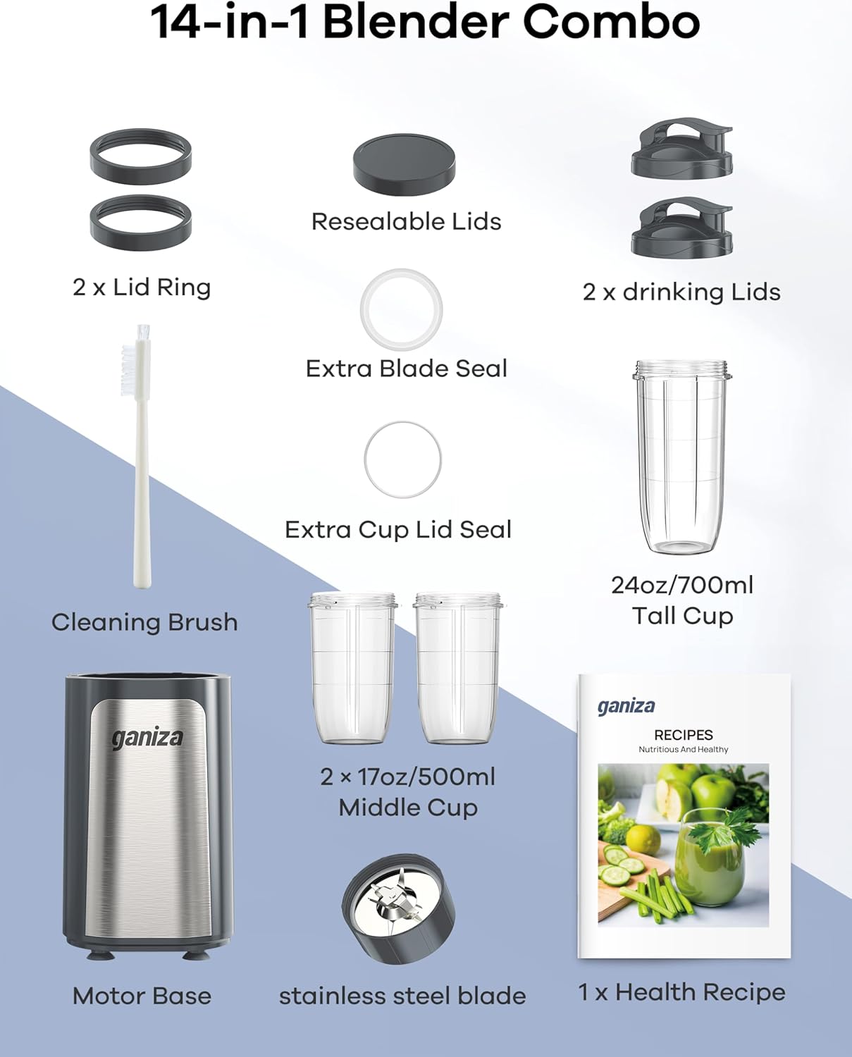 Ganiza Blender for Smoothie, 14 Pcs Smoothie Blender for Kitchen, Countertop Blender with 3 Non-BPA Portable Blender Cup and Cleaning Brush for Baby Food, Shakes, Vegetable, Nutritious Recipe