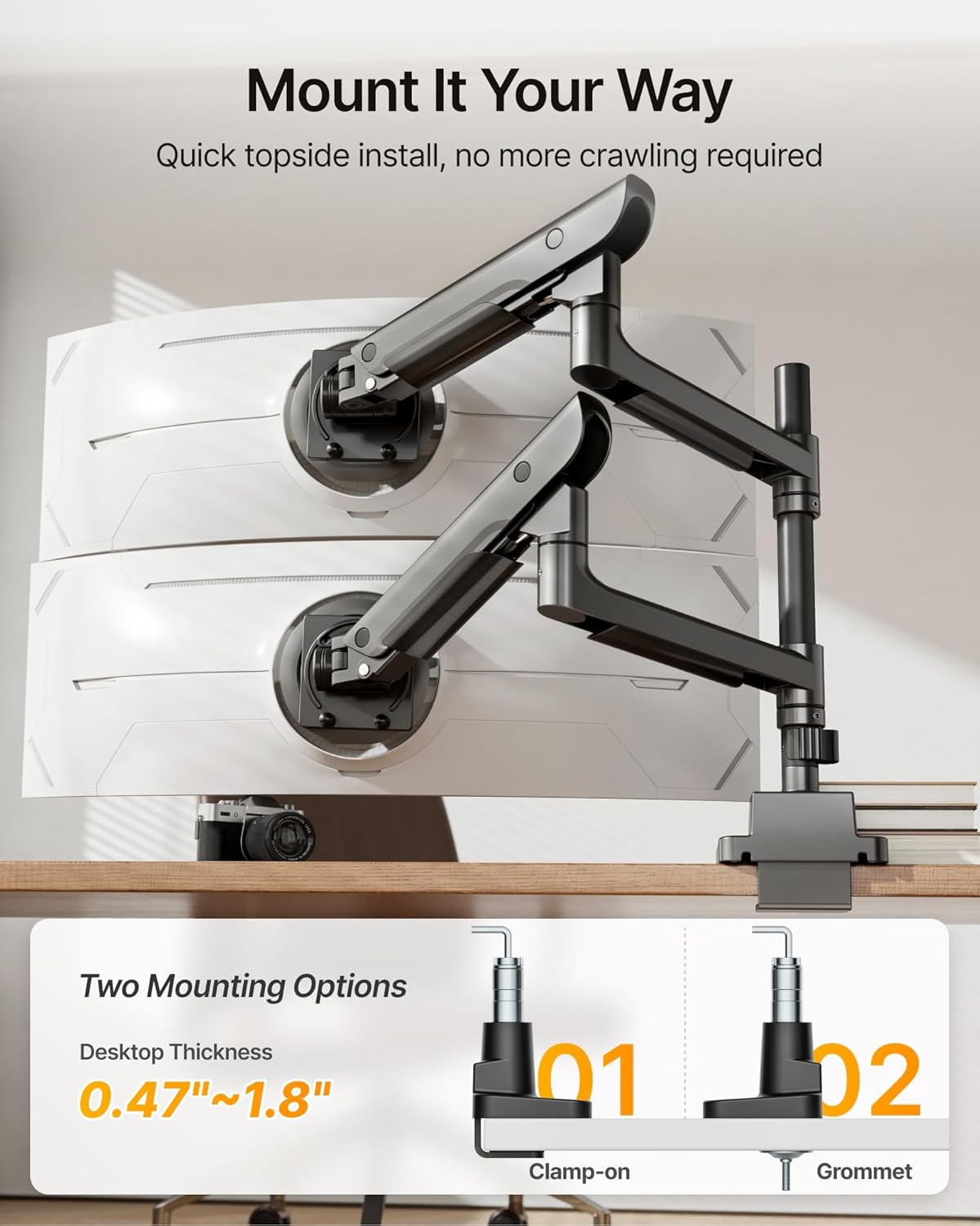 monTEK Premium Aluminum Monitor Arm for 17–57” Ultrawide Screens up to 59 lbs, USB 3.0 Dual Desk Mount with Adjustable Gas Spring, Quick-Release Plate, 10-Min Assembly, Clamp/Grommet, Max VESA 100x100