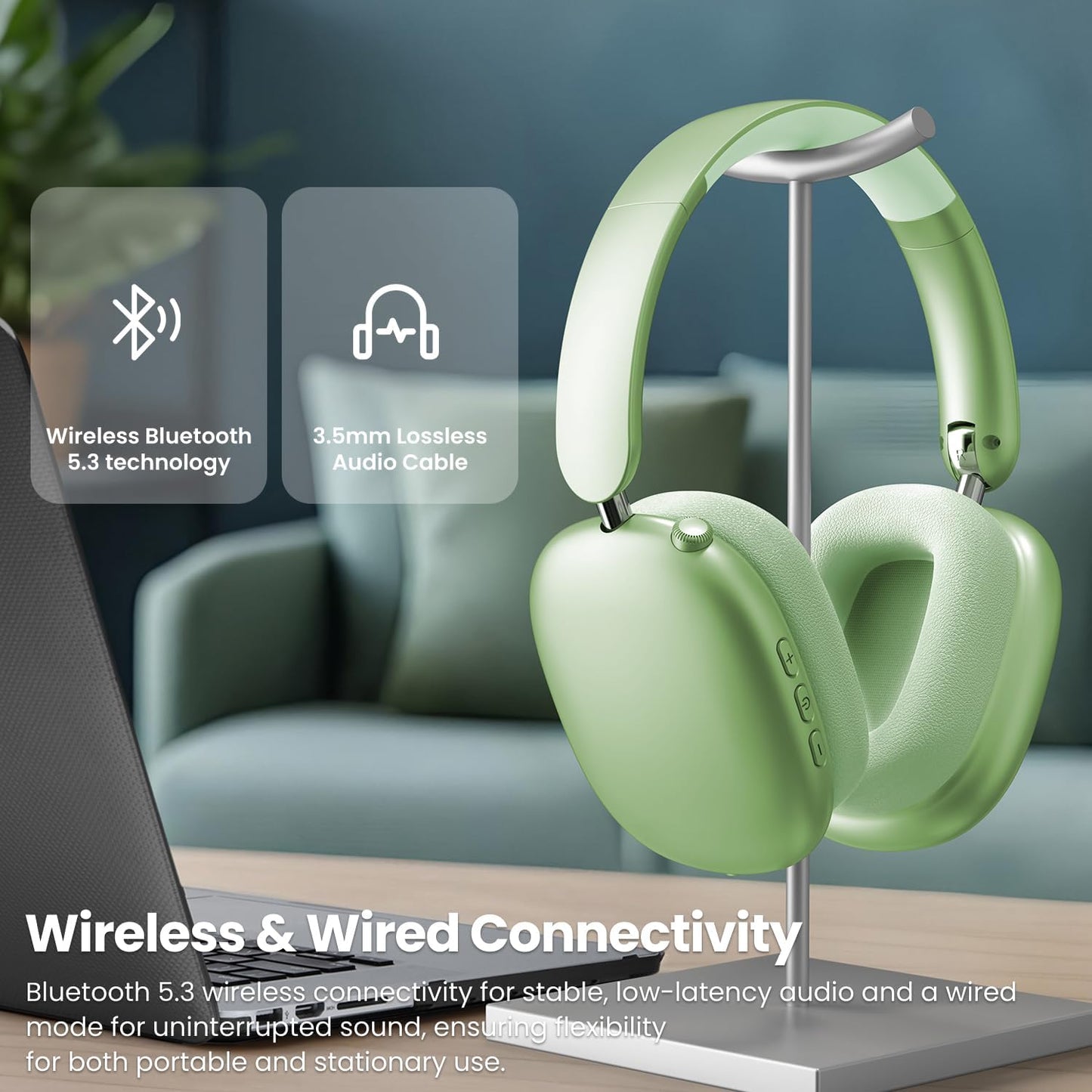 Wentronic Y01 Wireless Over Ear Headphones, Noise Canceling Bluetooth 5.3 Headphones with Microphones,Hi-Res Audio,48H Playtime,Foldable,Breathable Soft Earpads for iOS/Android/Samsung/PC-Green