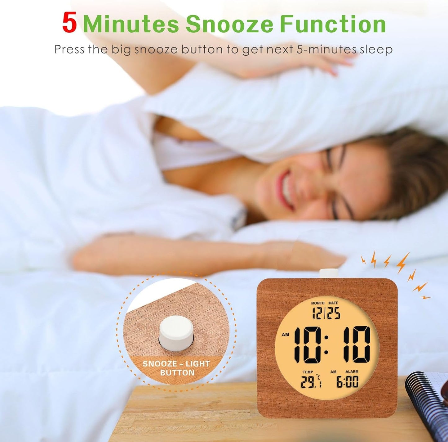 Plumeet Wooden Digital Alarm Clock for Bedrooms, Wood 4'' Battery Powered Alarm Clock with Snooze and Nightlight, Electronic LCD Desk Clock Display Time, Date, Temp, 12/24H, Wood Décor (Sapele, 3.2'')