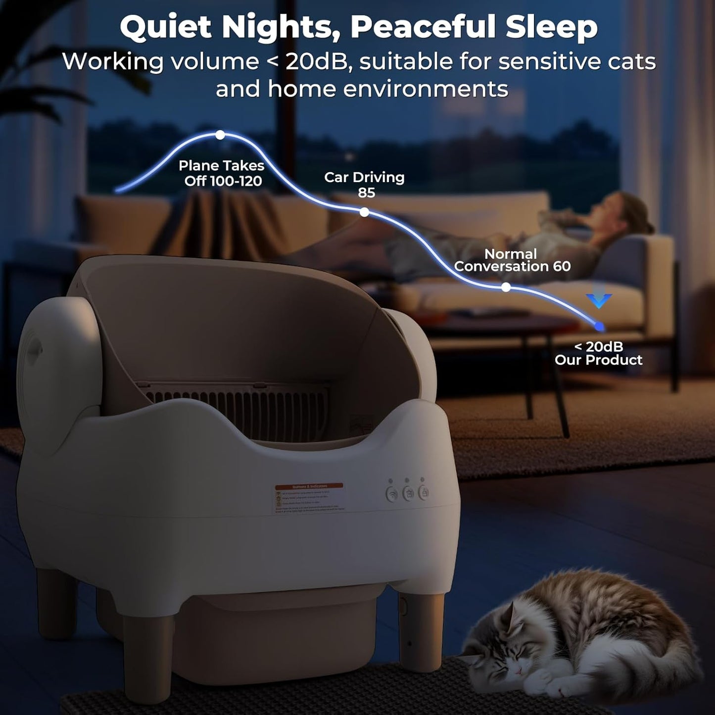 KITPLUS Self Cleaning Litter Box, Automatic Cat Litter Box with APP Control, Odor-Free Waste Disposal Includes Trash Bags, Large Waste Bin, Open-Top, for Multiple Cats
