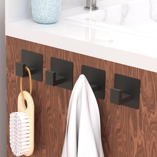 PMMASTO Black 4 Pack Self Adhesive Wall Hooks for Hanging, Stick On Wall Hanger Hook for Shower, Robe, Hat - Aluminium - PuriLite